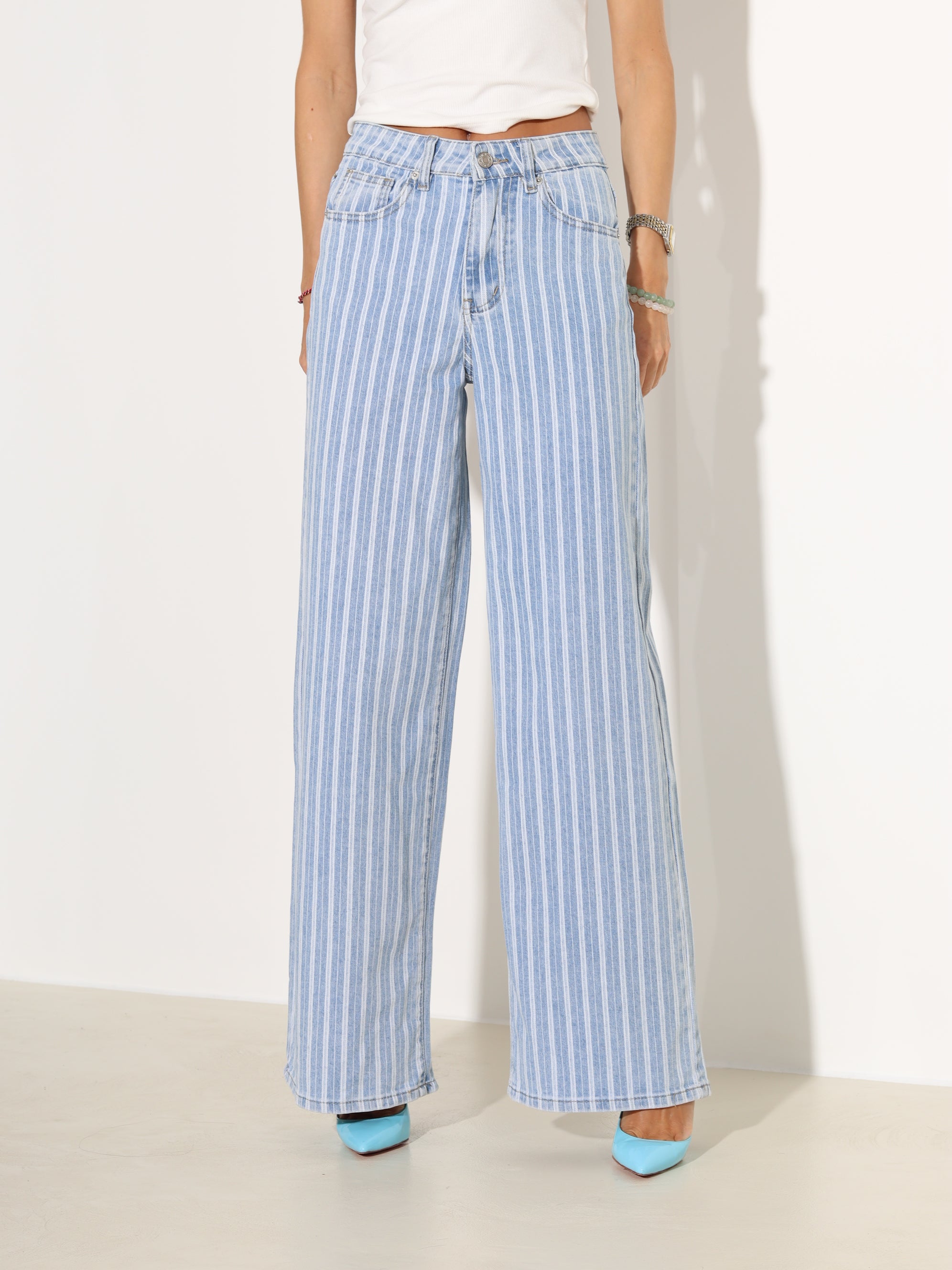 Zilas džinsa püksid ar baltām svītrām - 18167