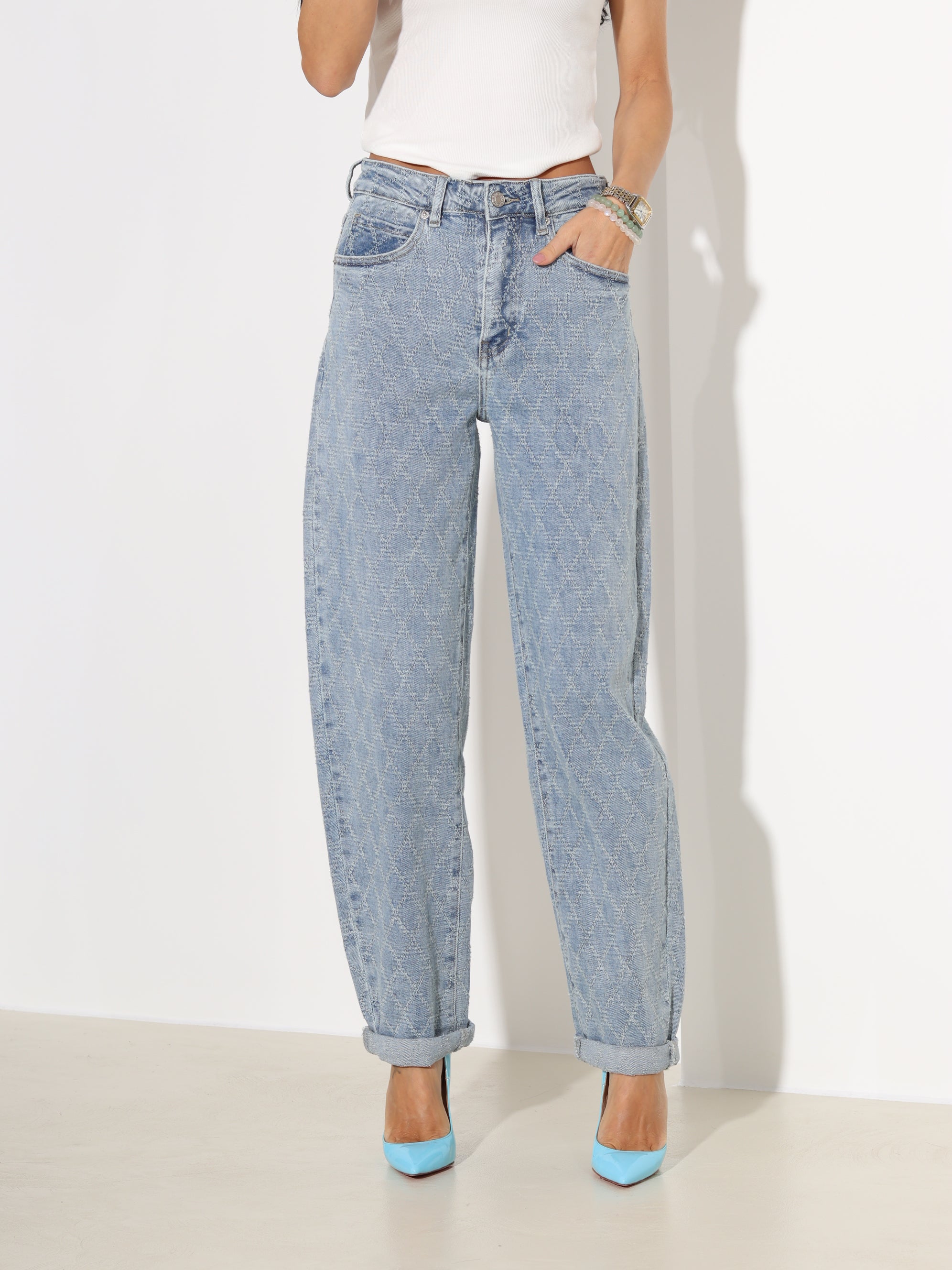 Zilas džinsa püksid ar romba rakstu - 18163