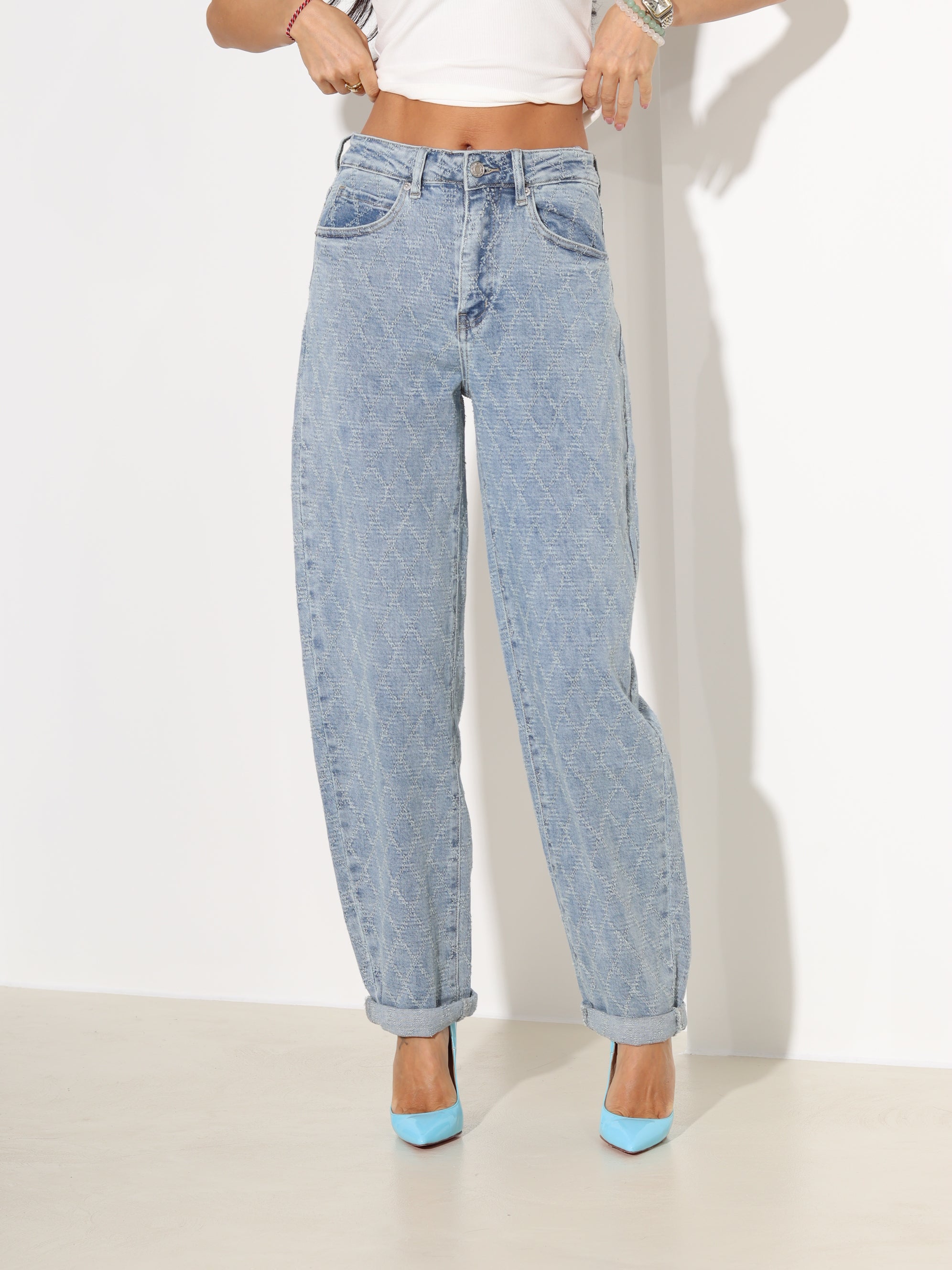 Zilas džinsa püksid ar romba rakstu - 18163