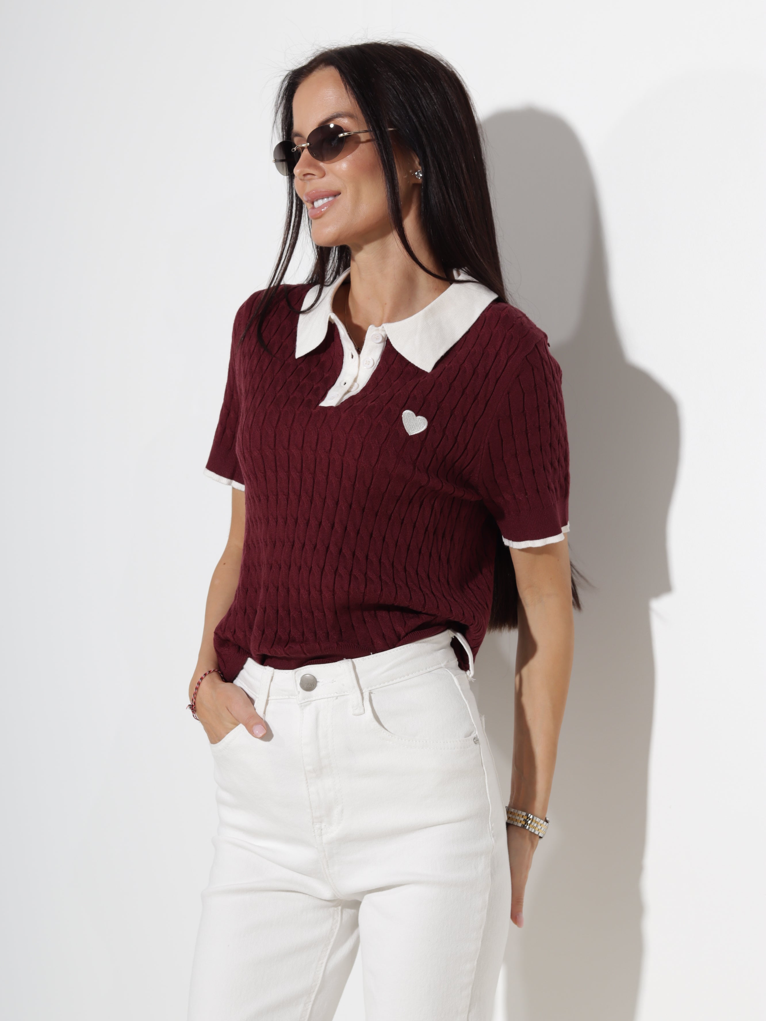 Bordo polo tops 'Sirds pīnītē', balta apkakle - 20446