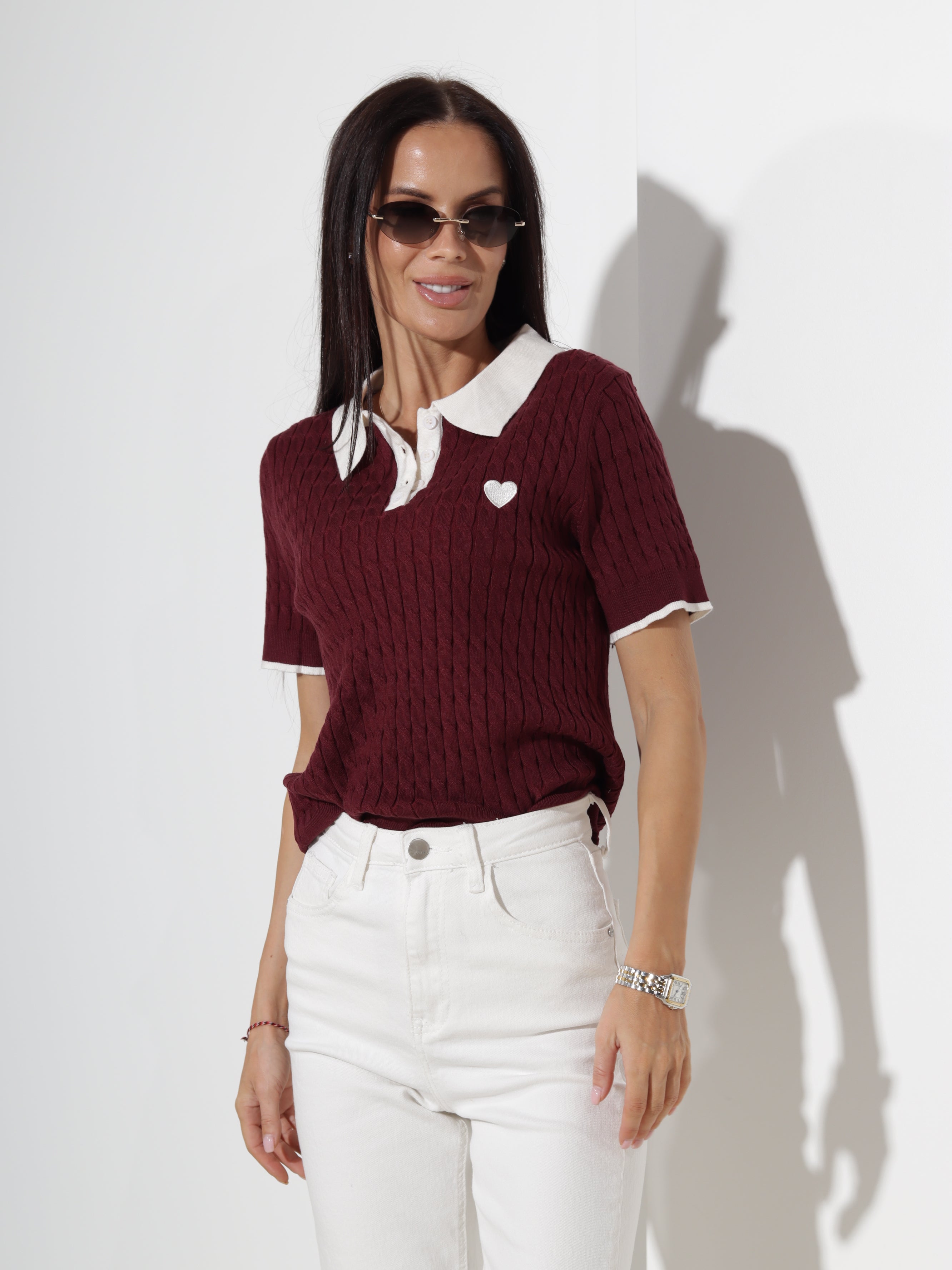 Bordo polo tops 'Sirds pīnītē', balta apkakle - 20446