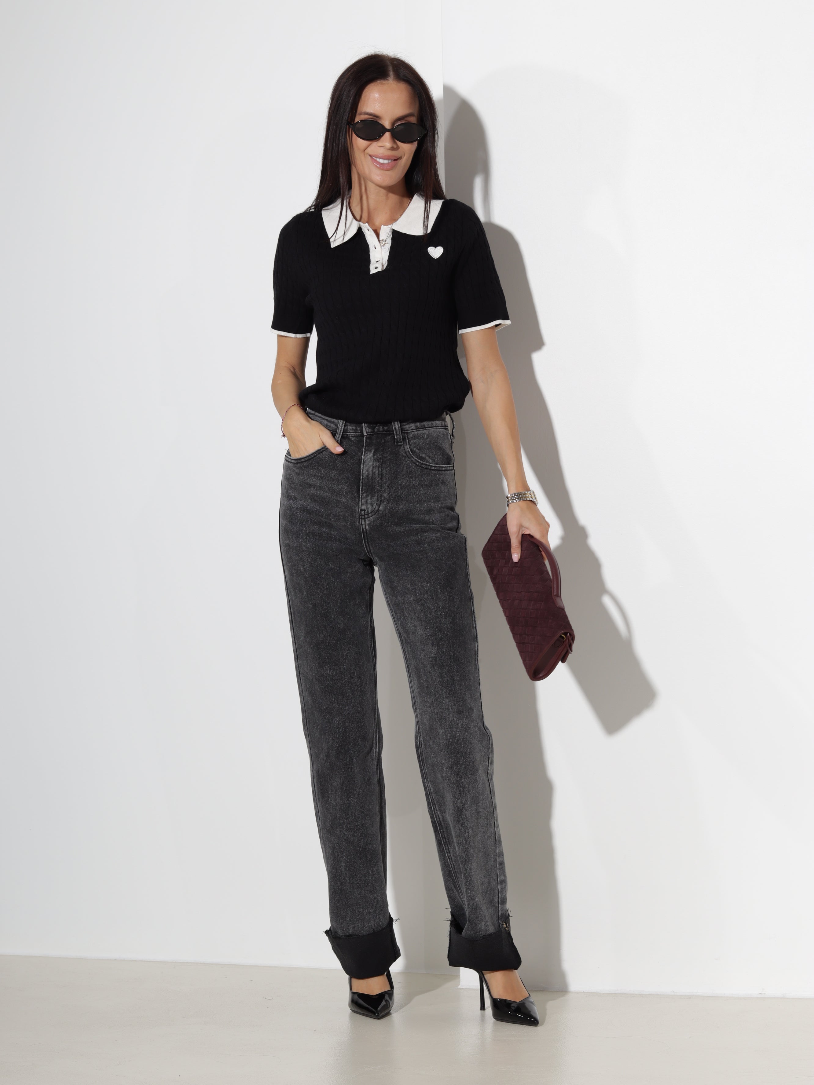Melns polo tops 'Sirds pīnītē', balta apkakle - 20444