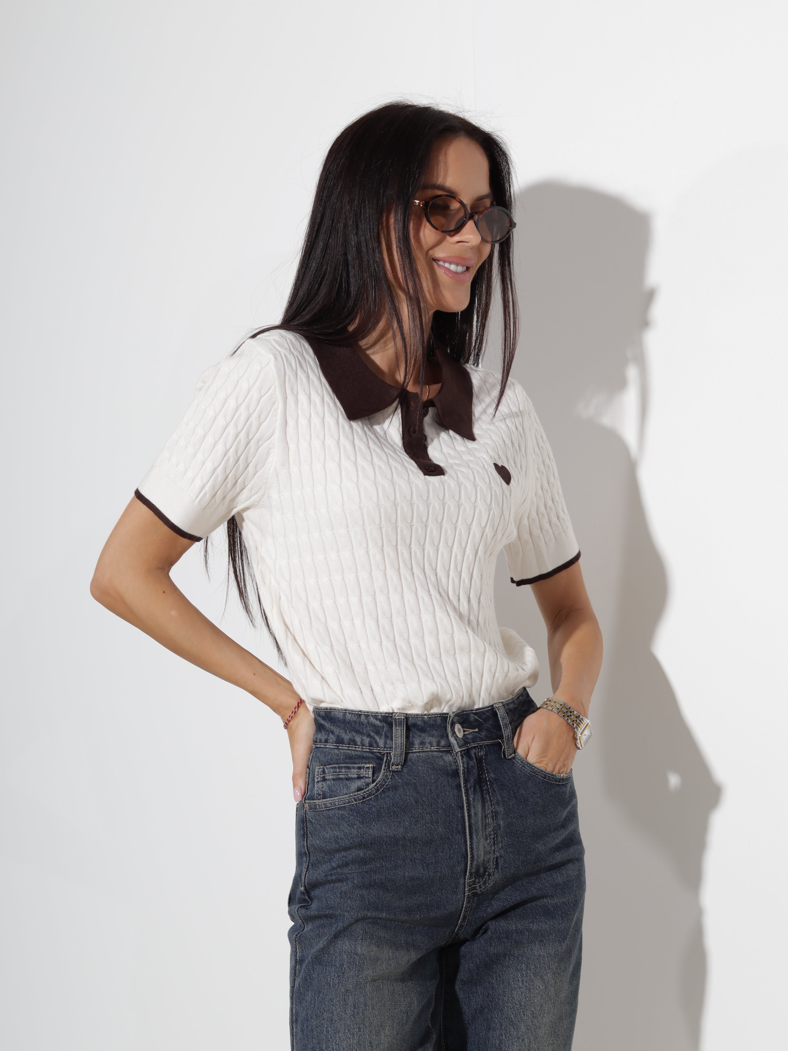 Balts polo tops 'Sirds pīnītē', šoko apkakle - 20445