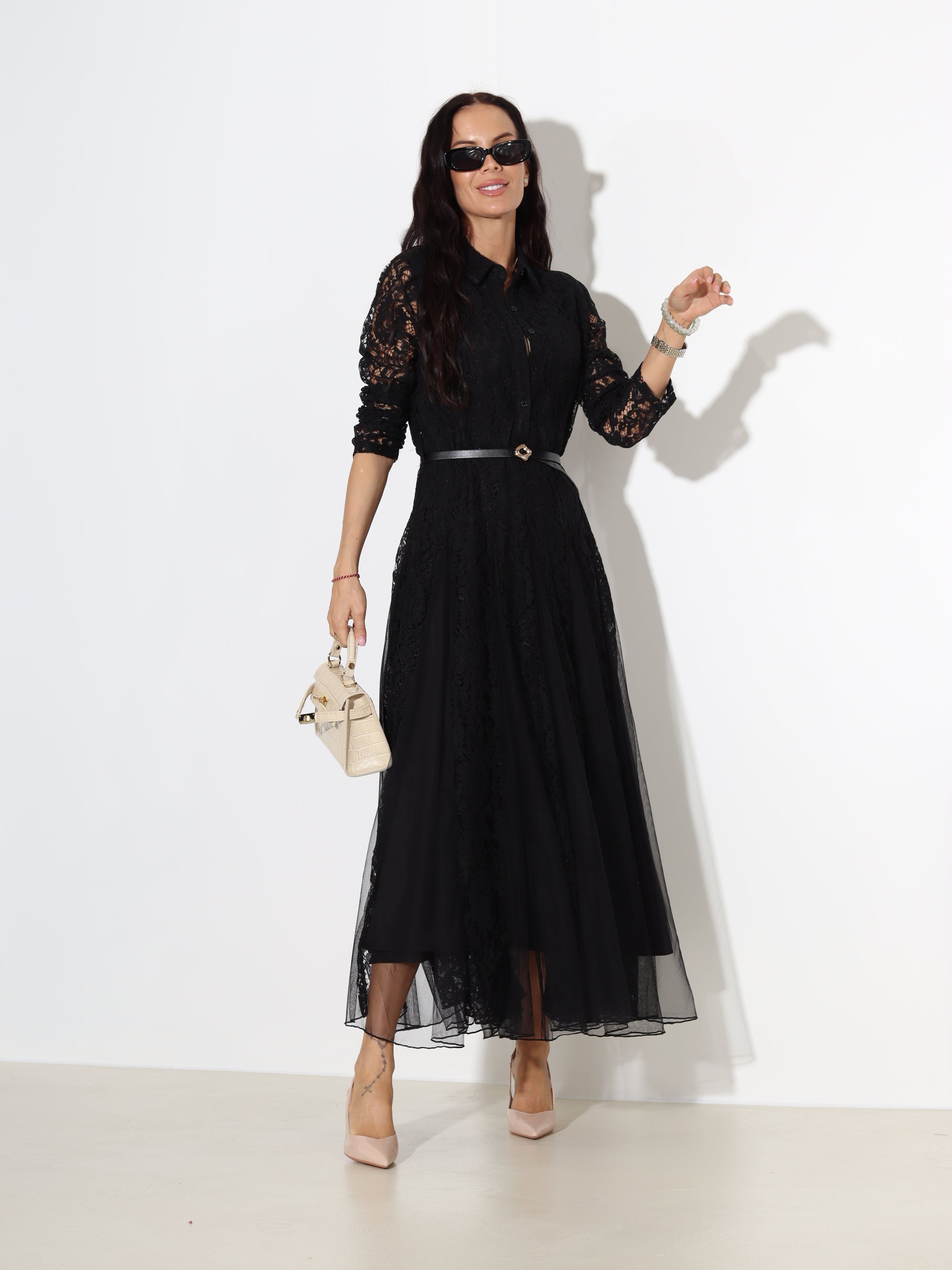 Melna mežģīņu midi kleita ar tillu, 3/4 piedurkni un jostu - 18752