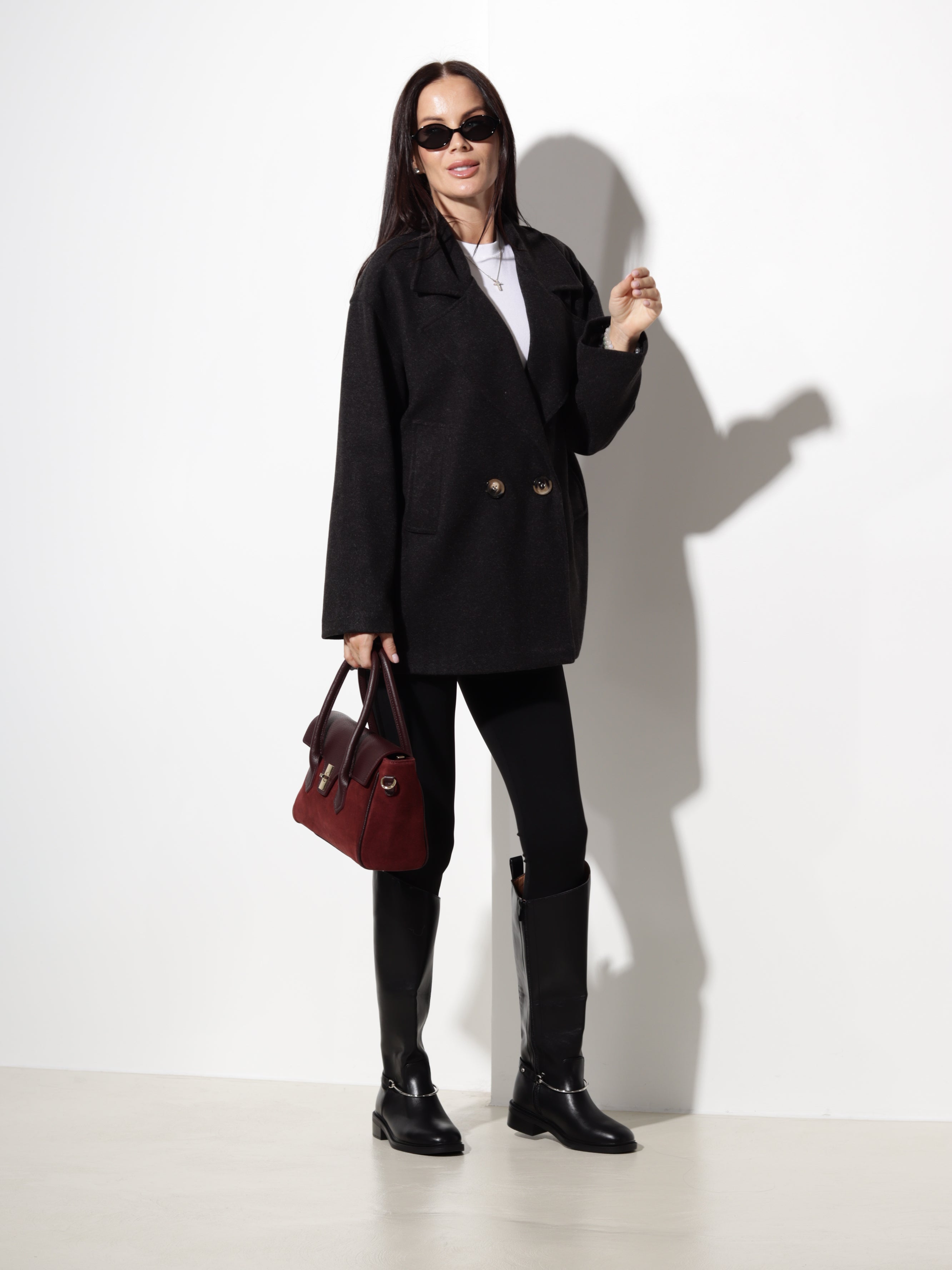 Melna mēteļauduma jaka, īsa oversize - 20798