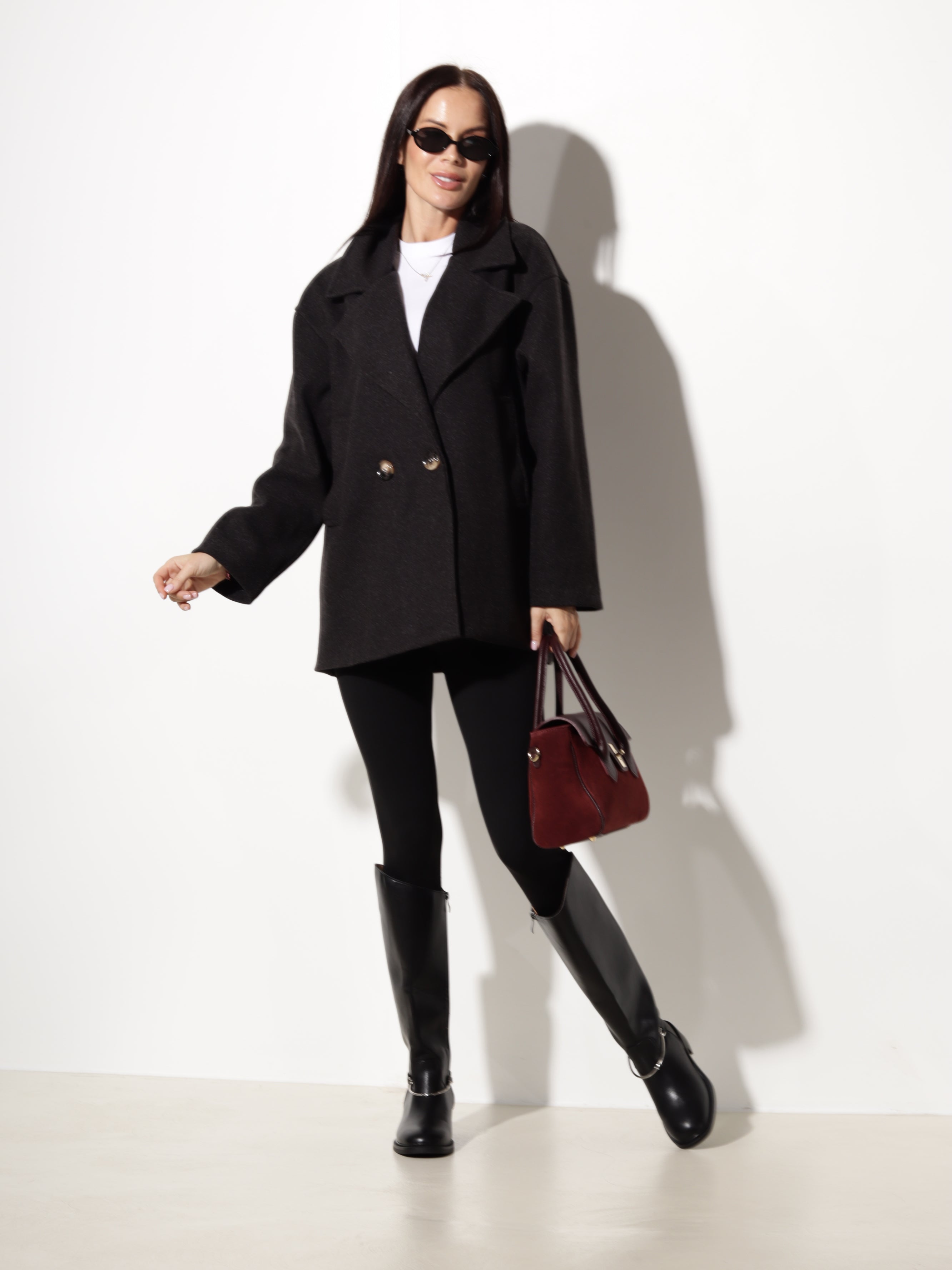 Melna mēteļauduma jaka, īsa oversize - 20798