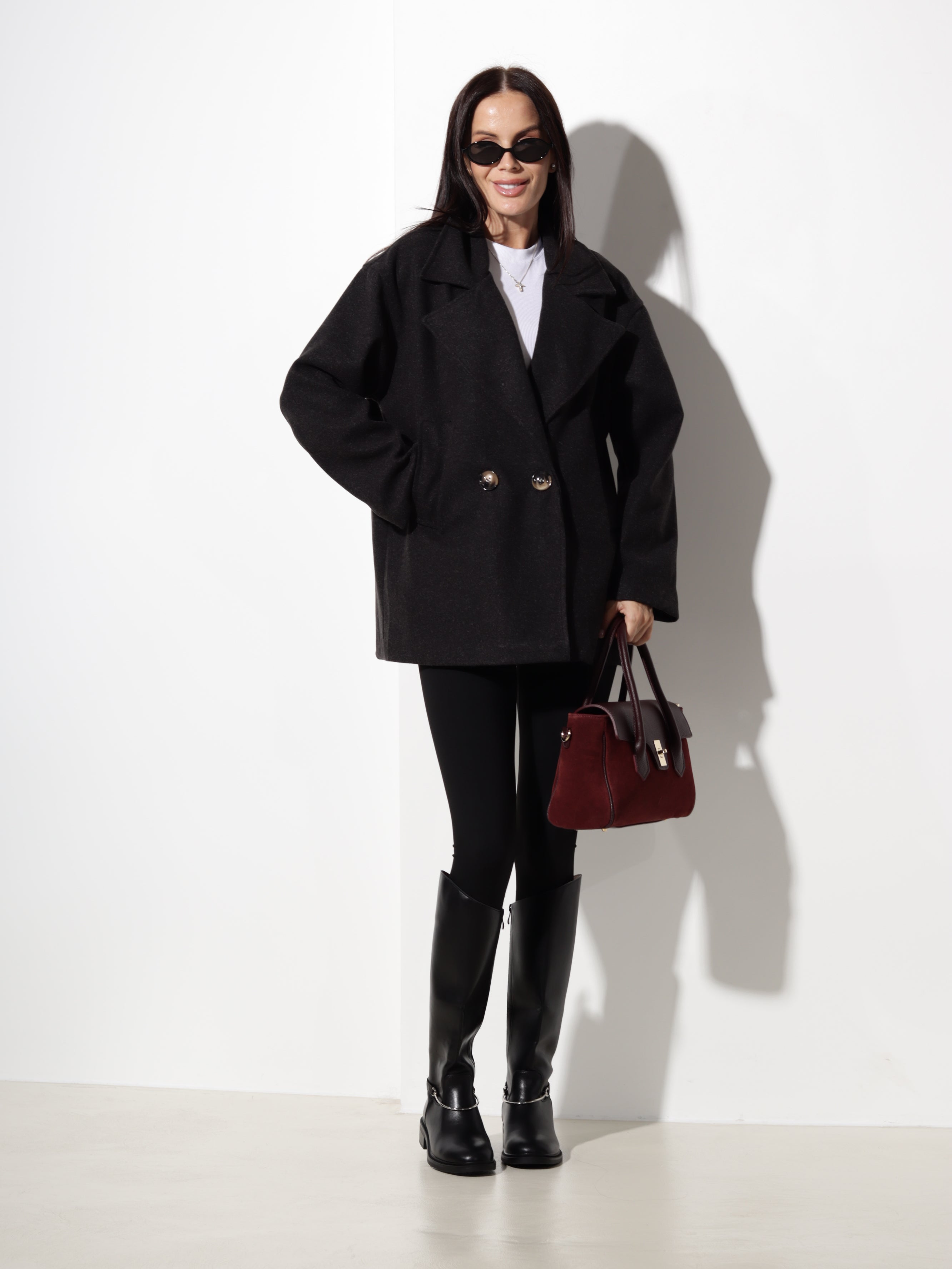Melna mēteļauduma jaka, īsa oversize - 20798