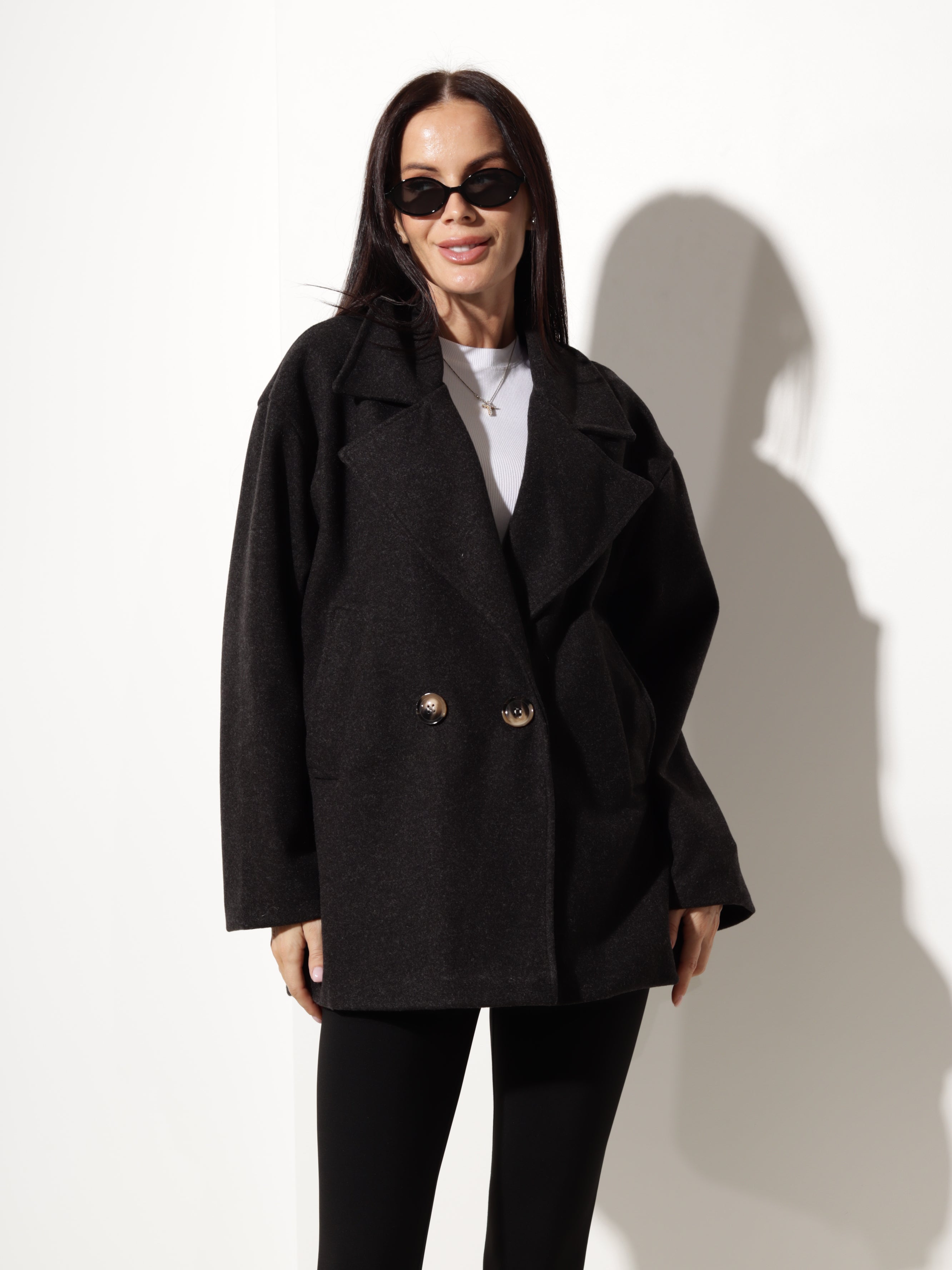 Melna mēteļauduma jaka, īsa oversize - 20798