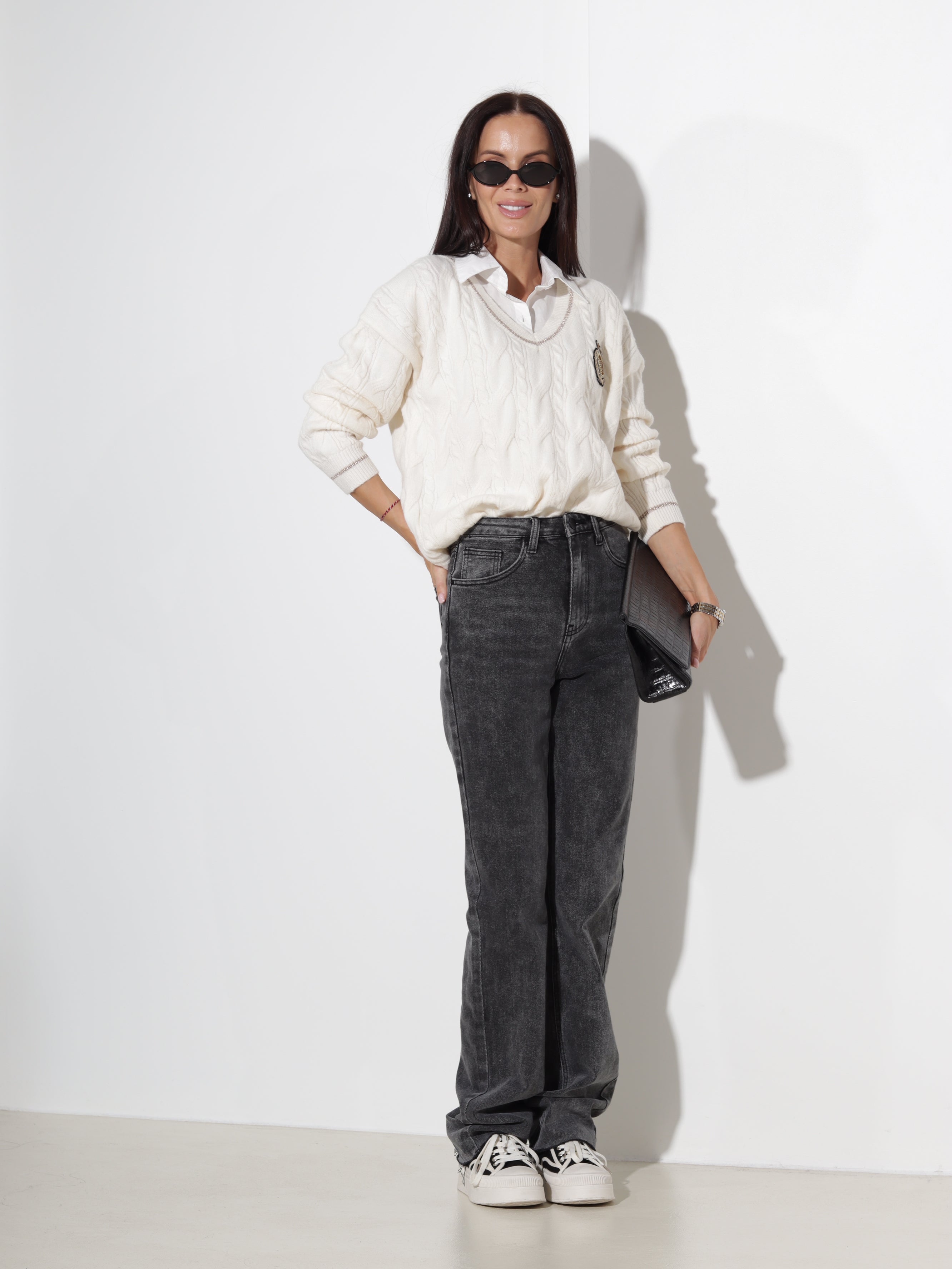 Balts adīts džemperis 'Preppy' stila - 20484