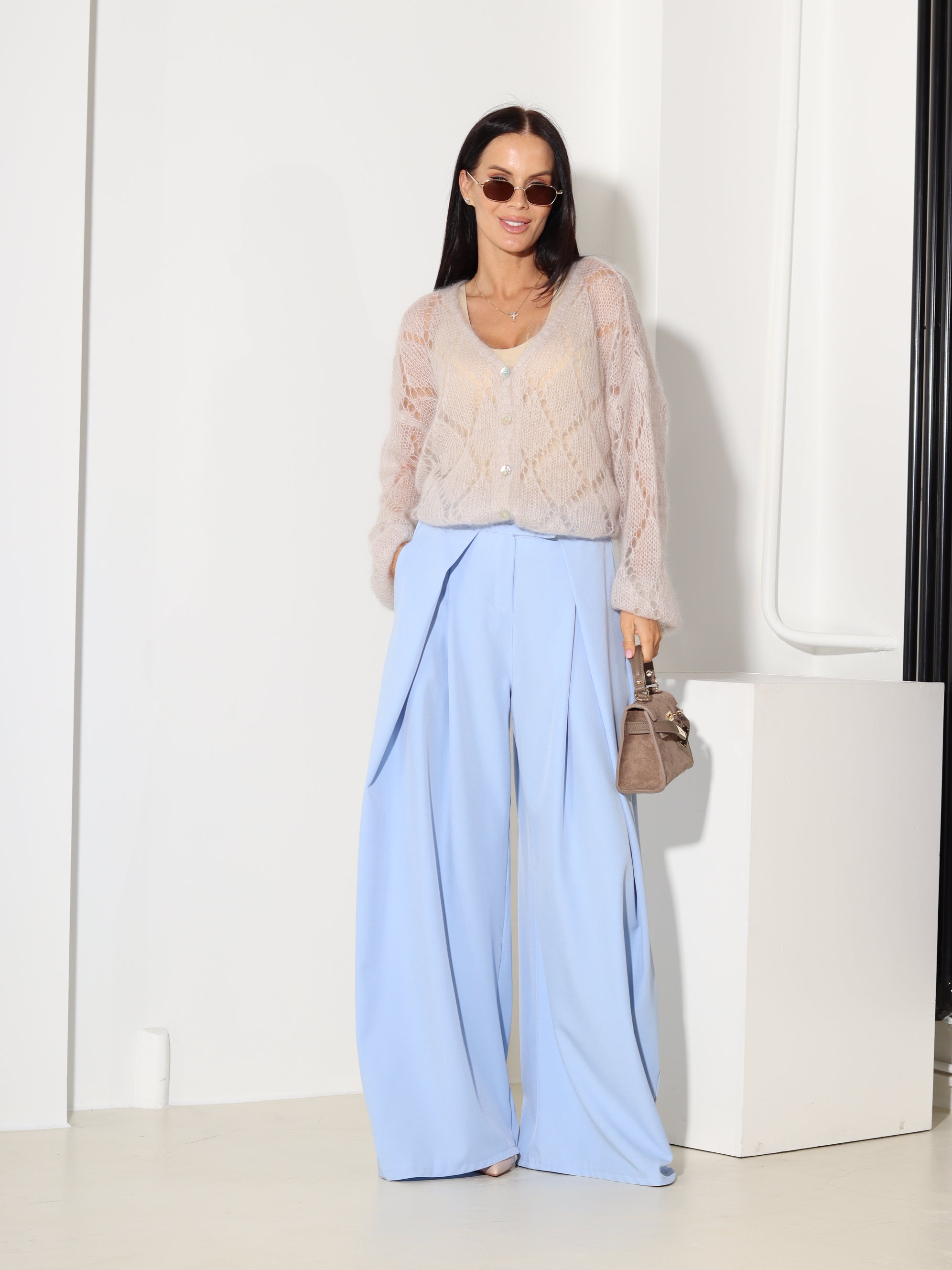 Zilas klasiskas bikses ar platu dubultieloci - 18533