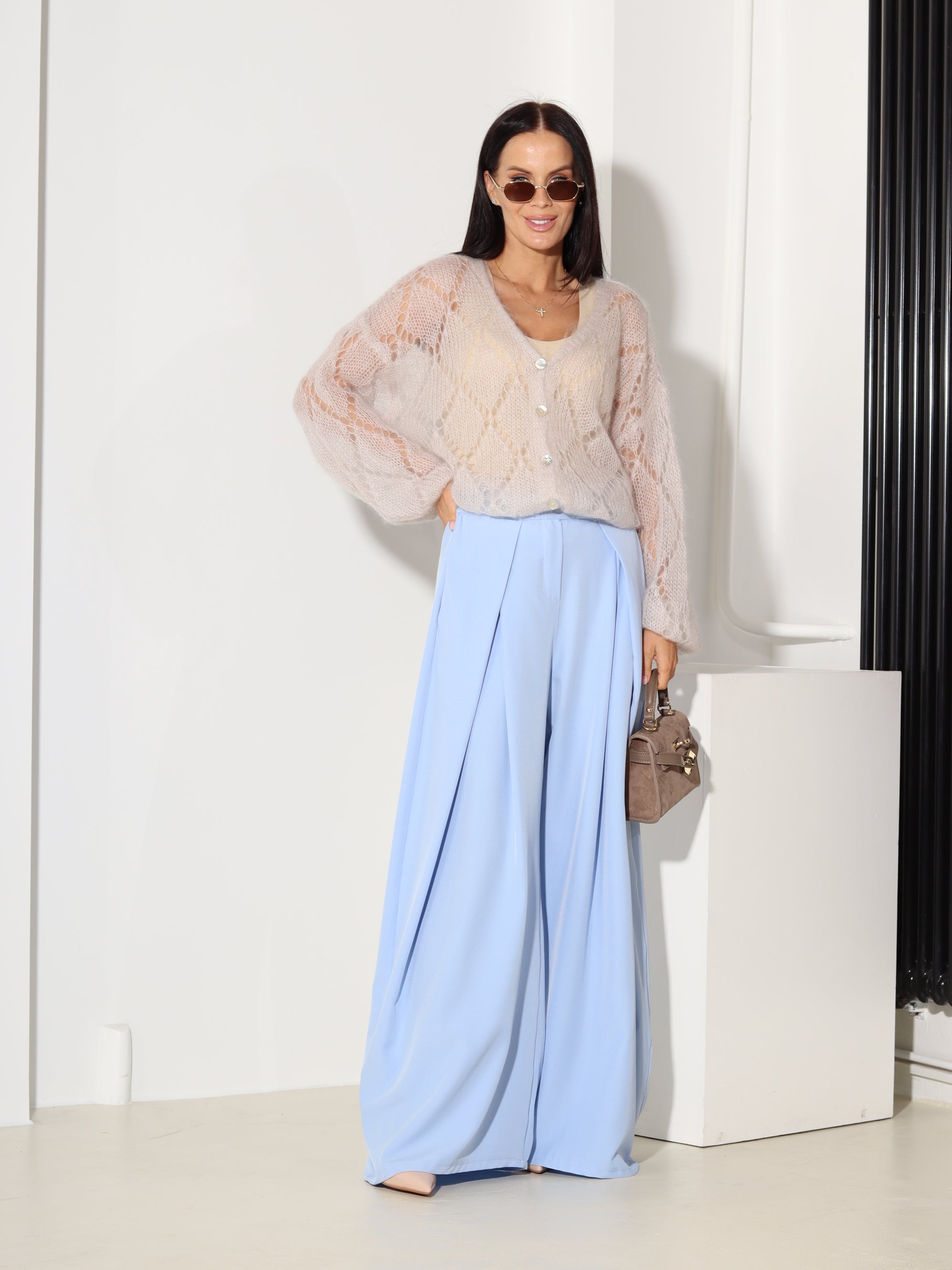 Zilas klasiskas bikses ar platu dubultieloci - 18533