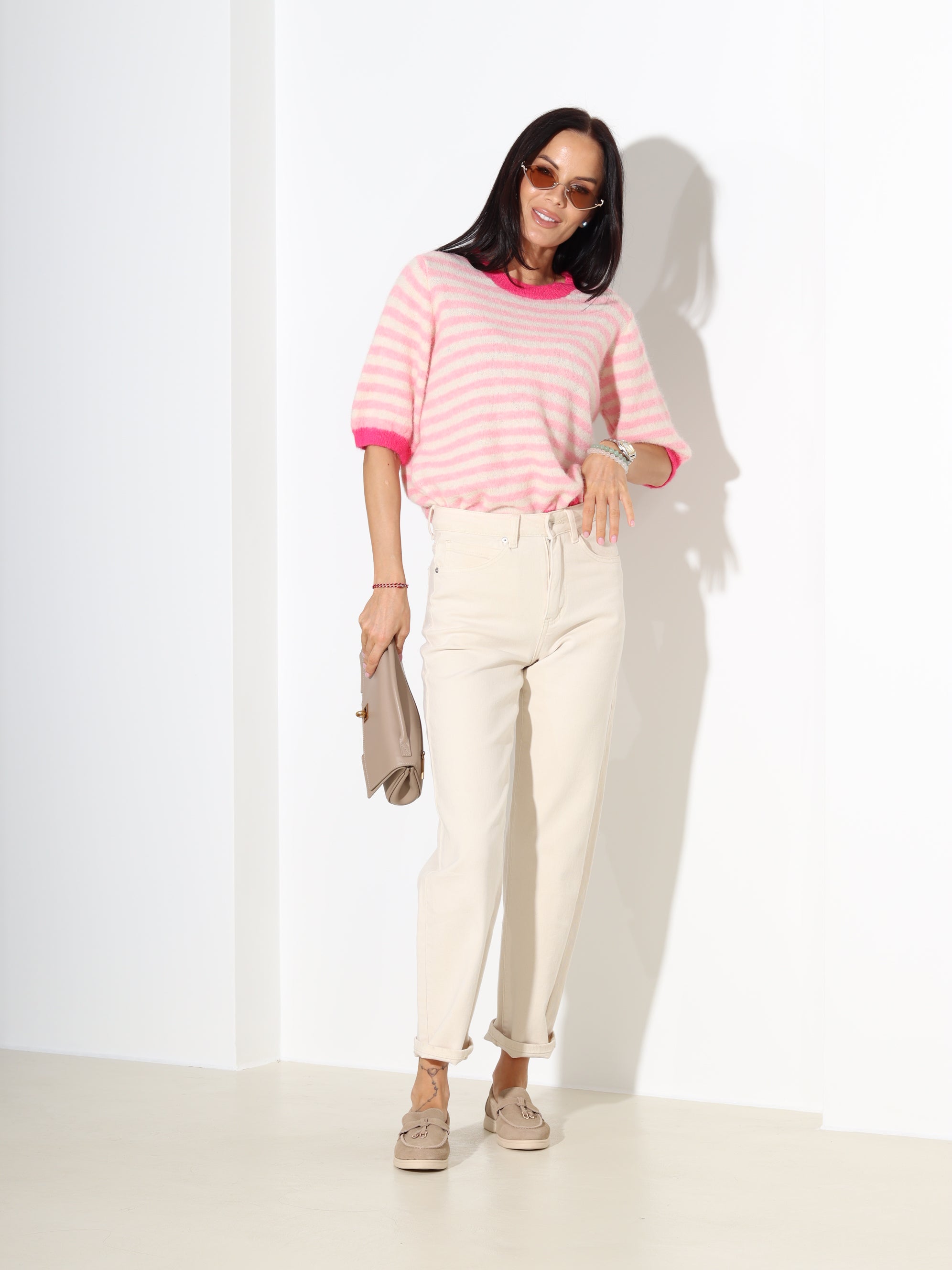 Rozā, strīpains džemperis ar īsām piedurknēm - 18297