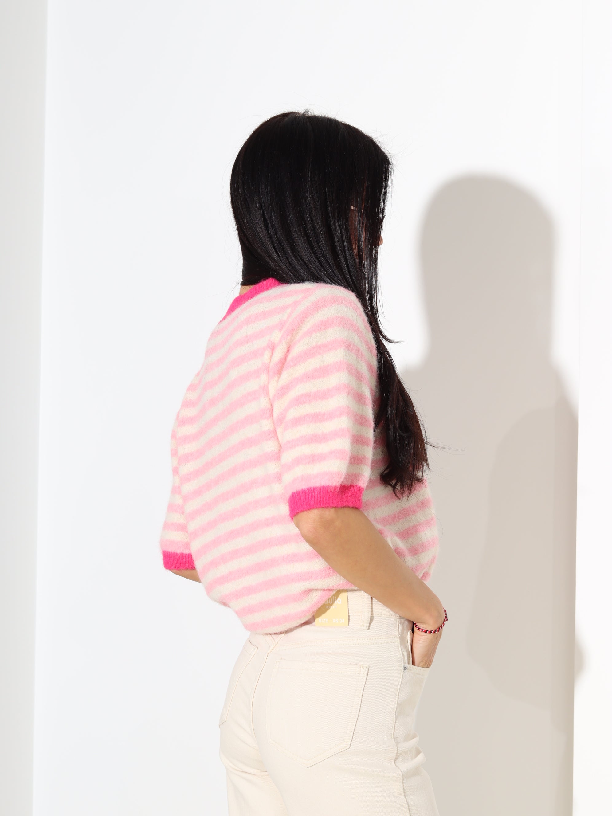 Rozā, strīpains džemperis ar īsām piedurknēm - 18297