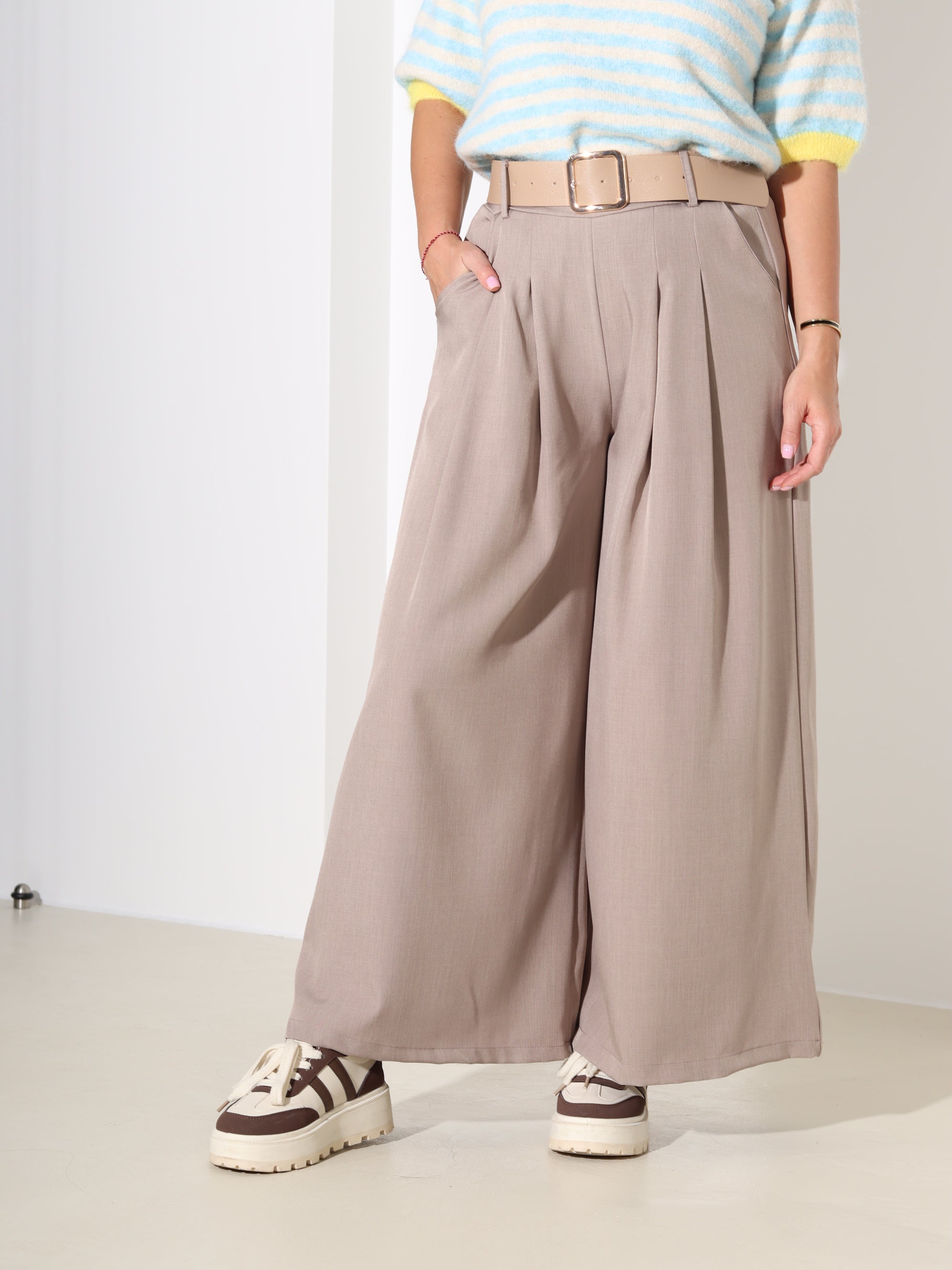 Taupe klassikalised püksid pruuniu platu jostu - 18290