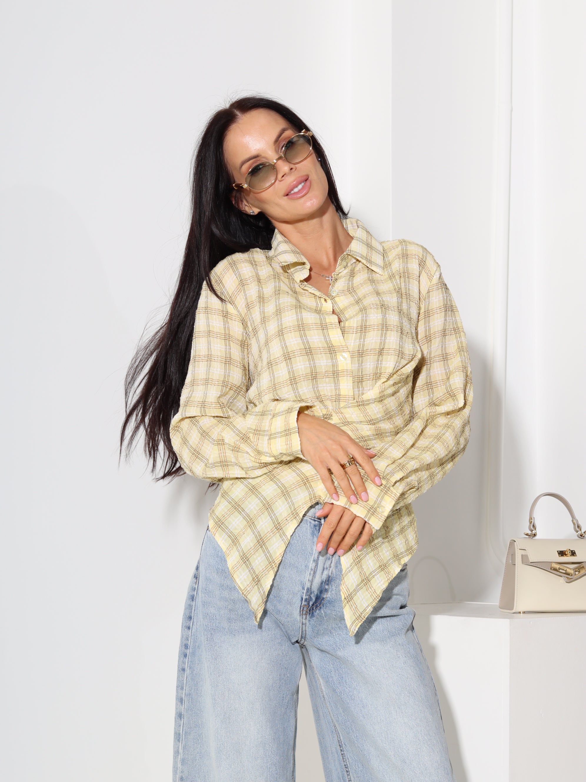 Dzeltens rūtains krekls ar aukliņu aizdari mugurpusē - 18541