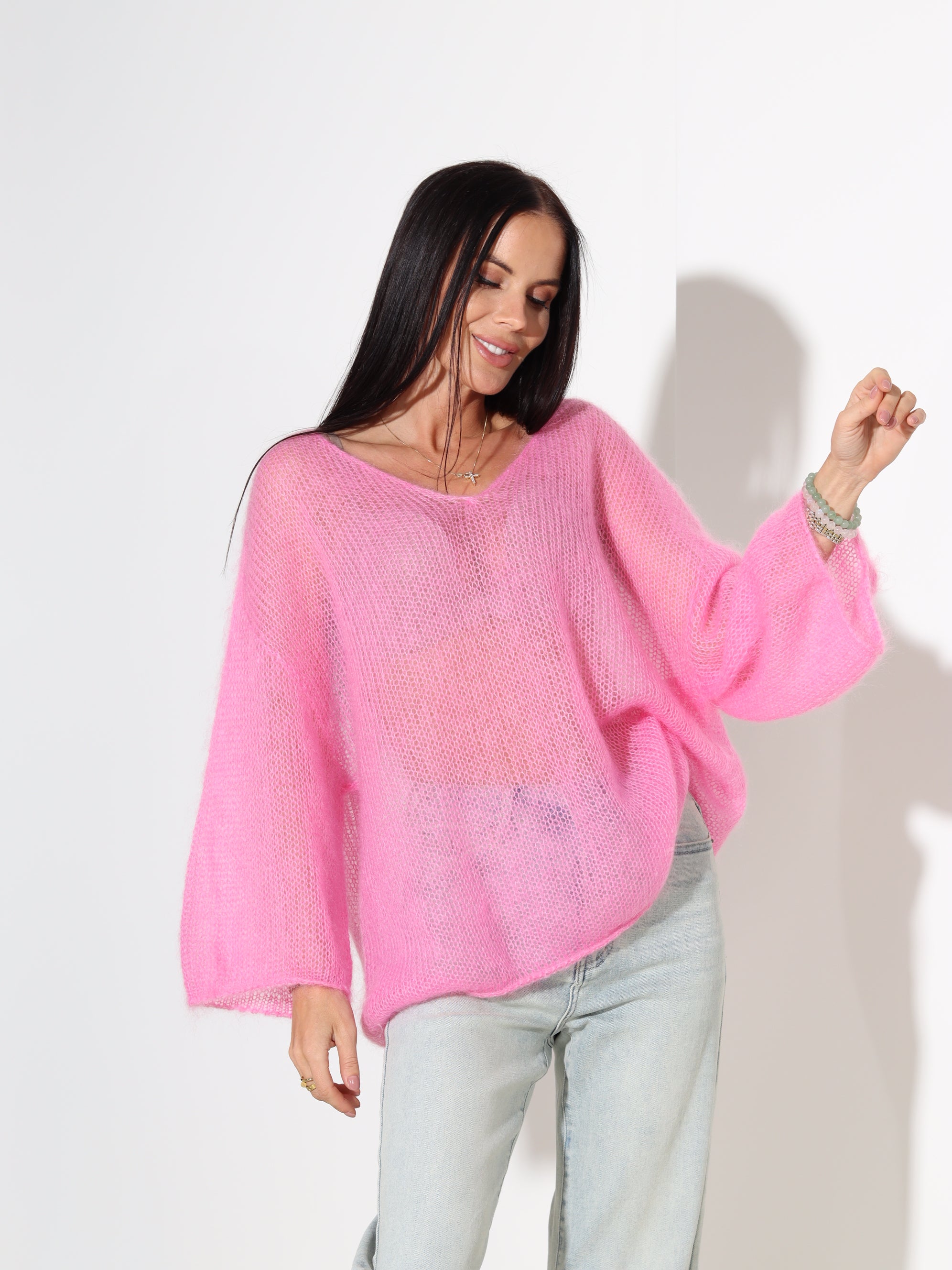 Rozā mohēras džemperis ar 3/4 piedurkni - 18043