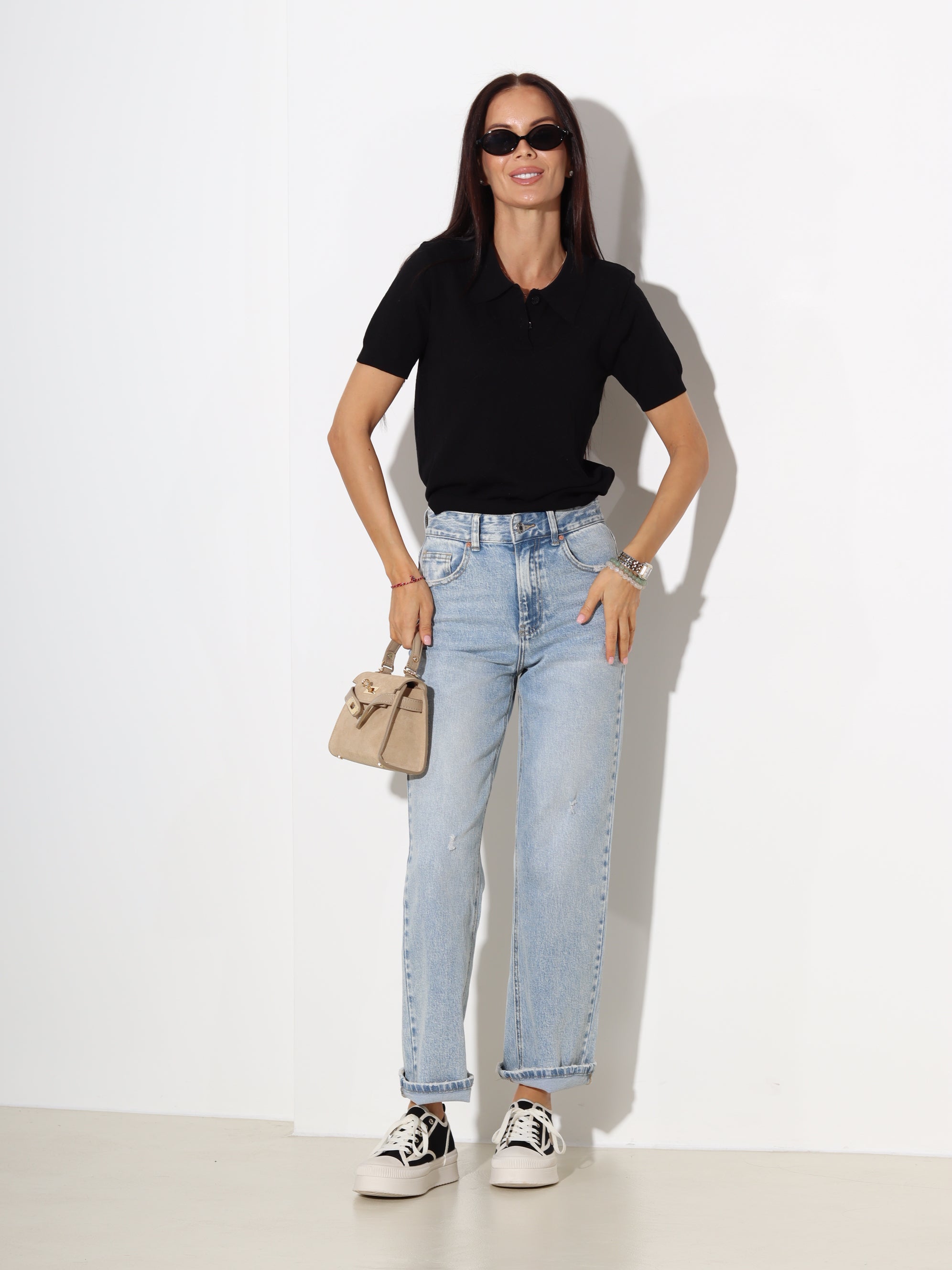 Melns polo tipa tops, rombveida adījums - 20281