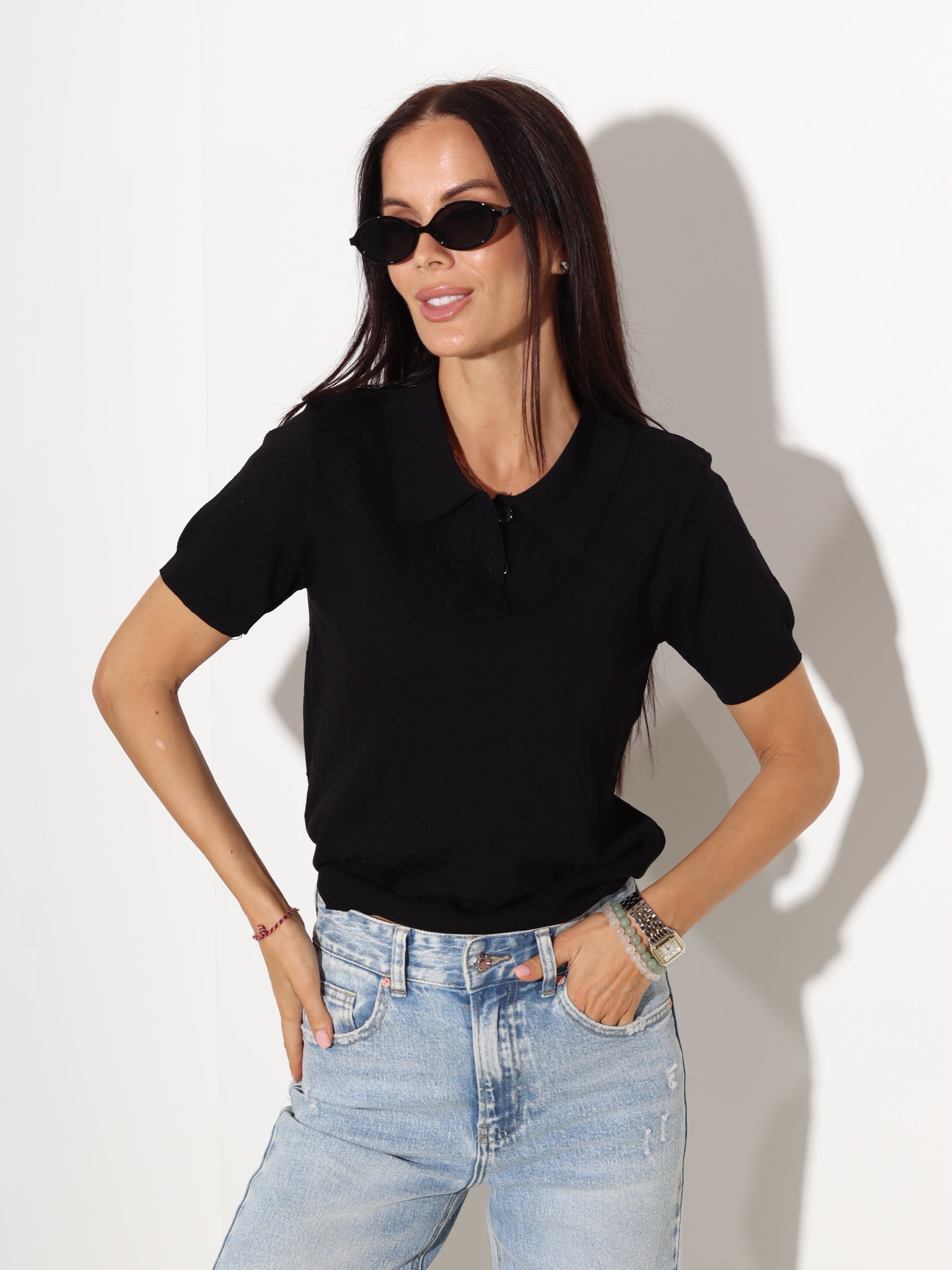 Melns polo tipa tops, rombveida adījums - 20281