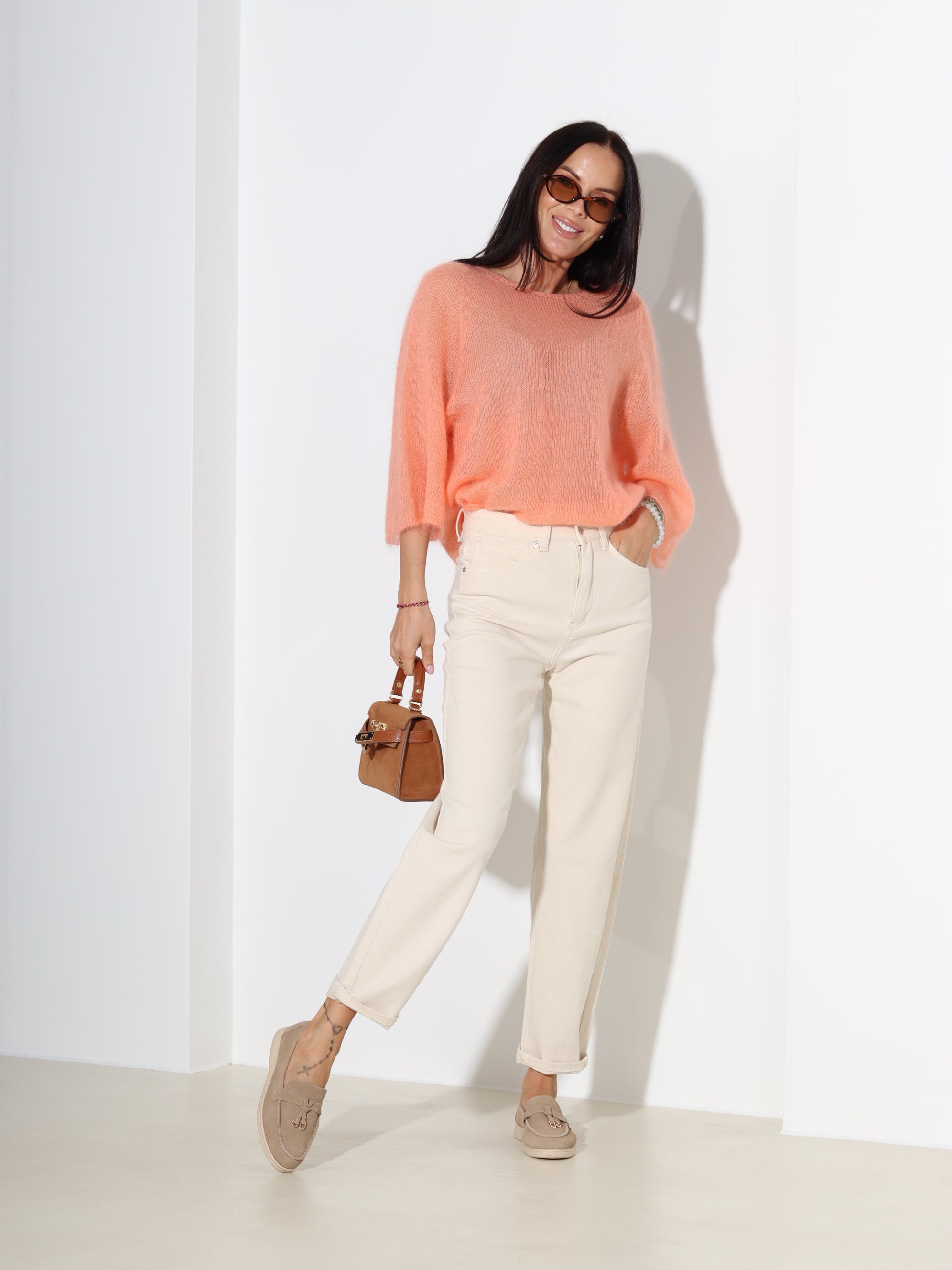 Oranžs, plāna adījuma mohēras džemperis ar īsām piedurknēm - 18327