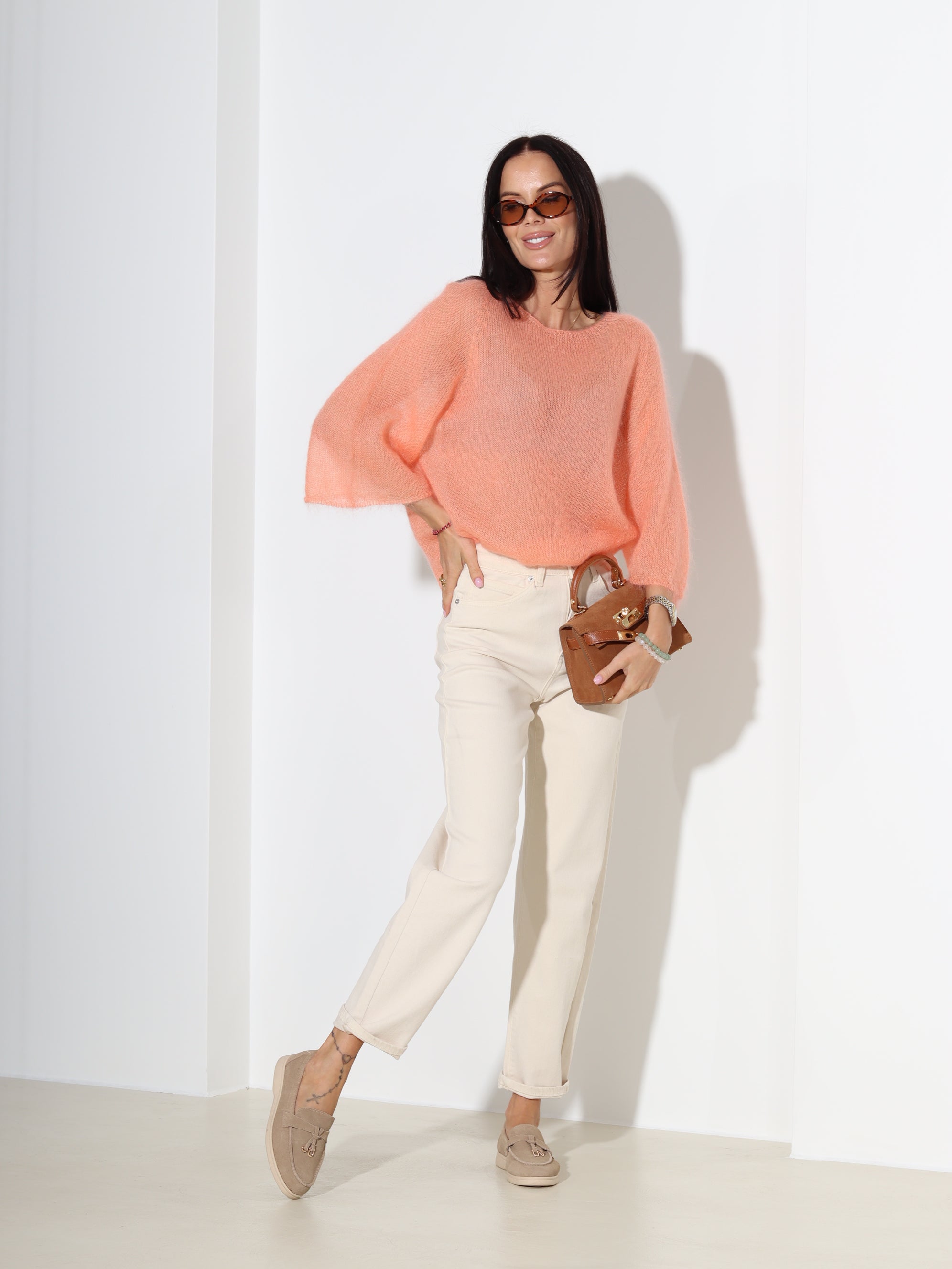 Oranžs, plāna adījuma mohēras džemperis ar īsām piedurknēm - 18327