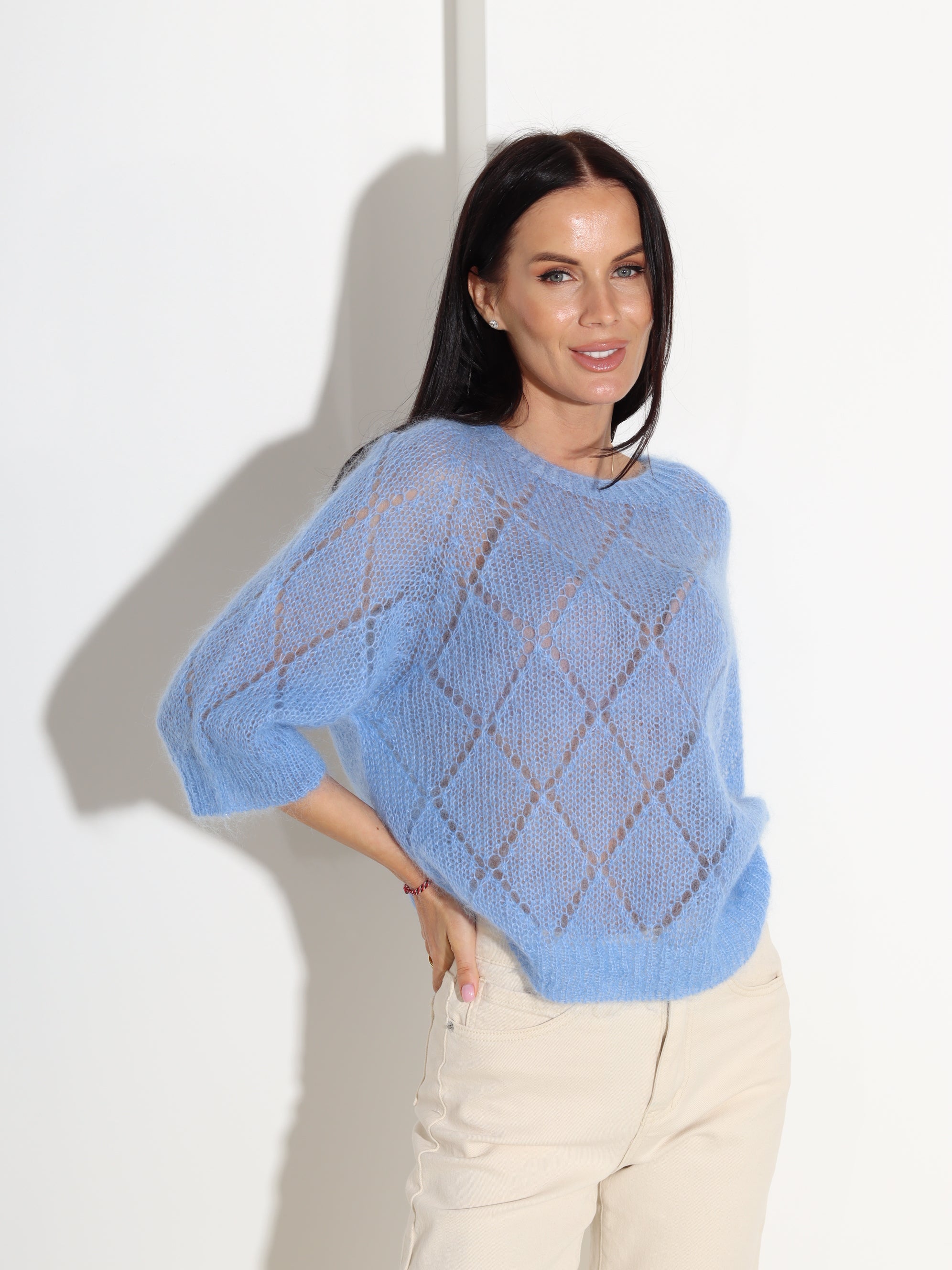 Zils, perforēts mohēras džemperis ar īsu piedurkni- 18320