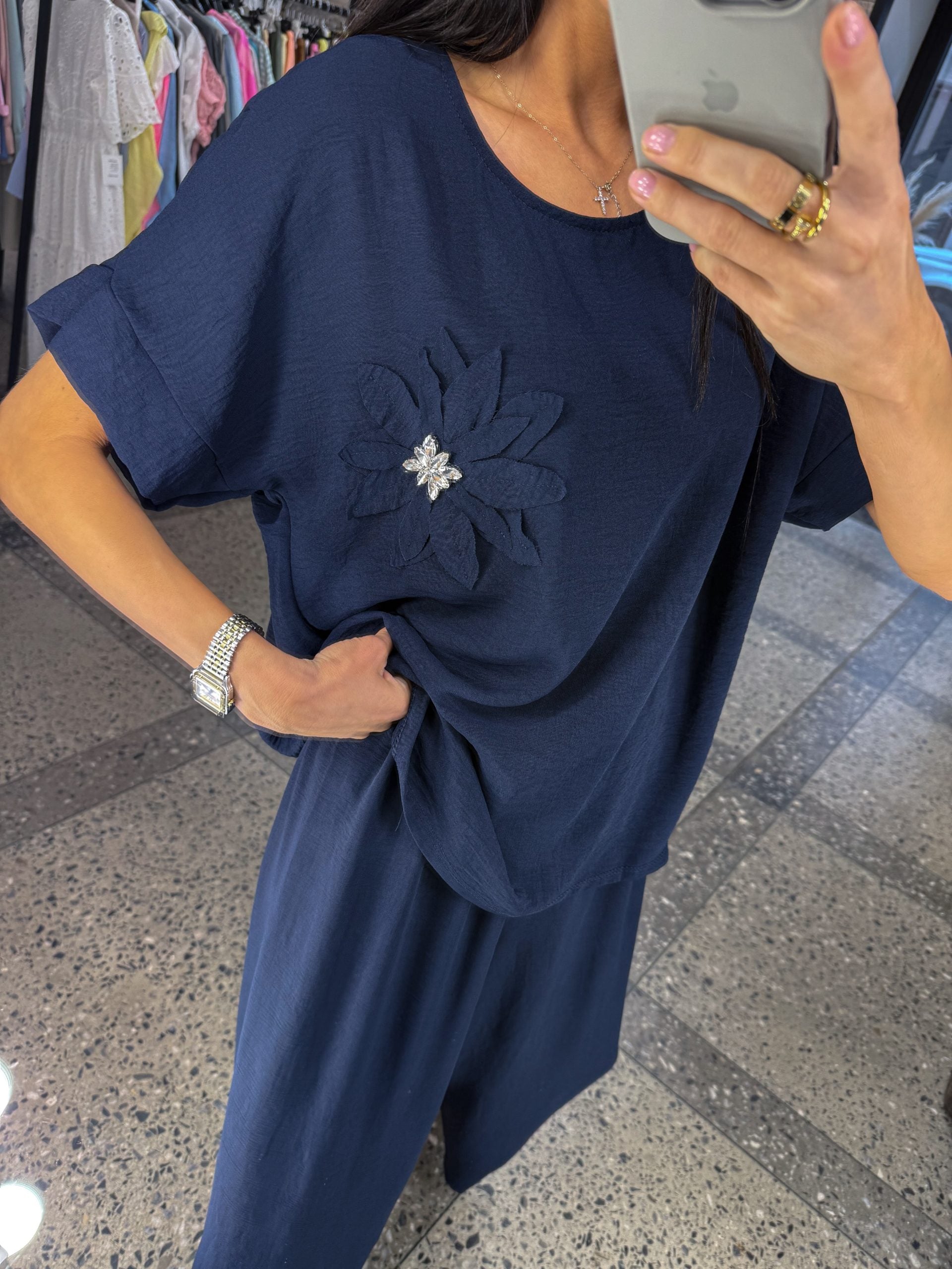 Tumši zila, brīva piegriezuma komplekts( tops+bikses) - 15183