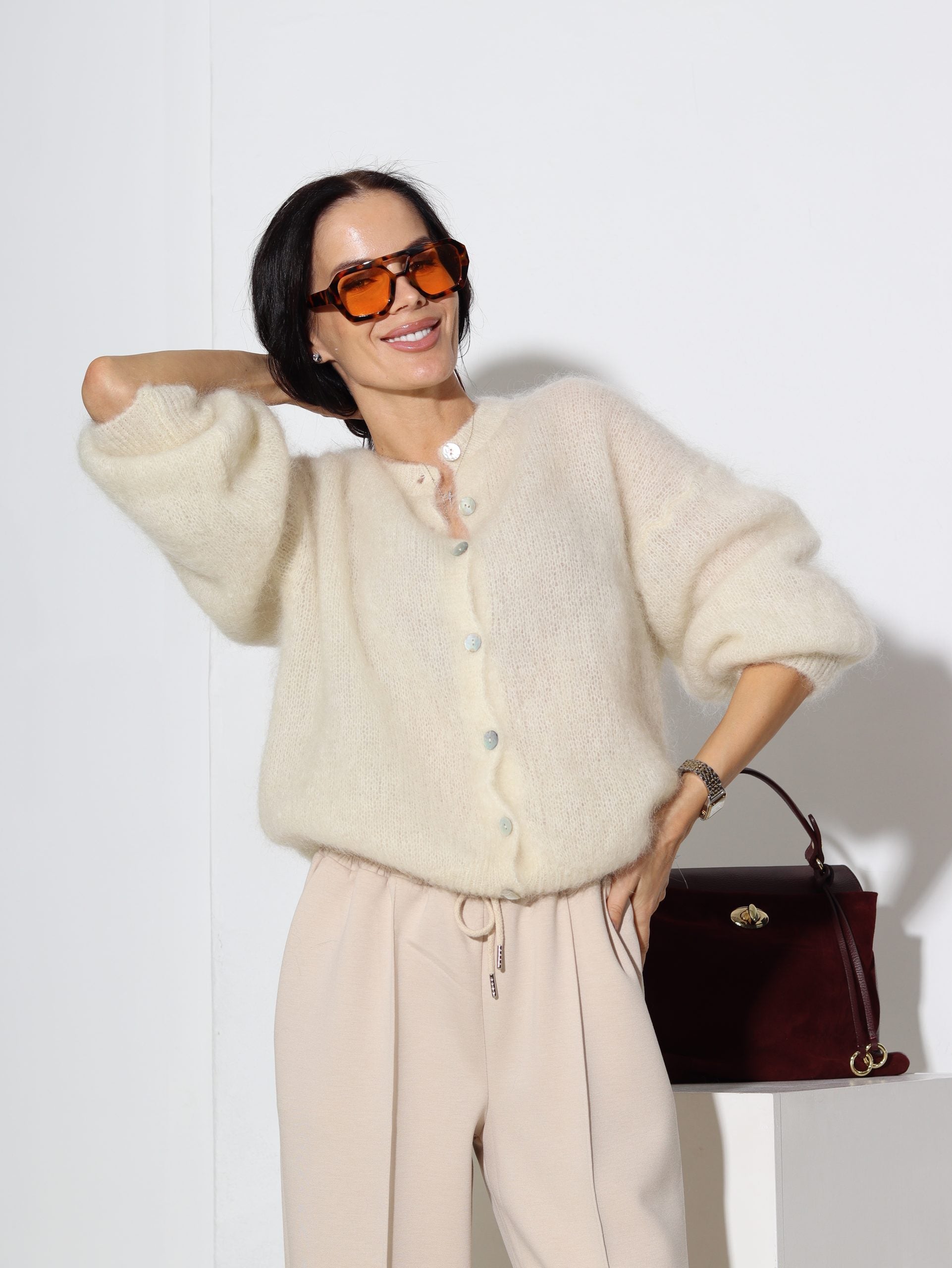 Balta, brīva piegriezuma, pogājama Mohēras jaka - 16466