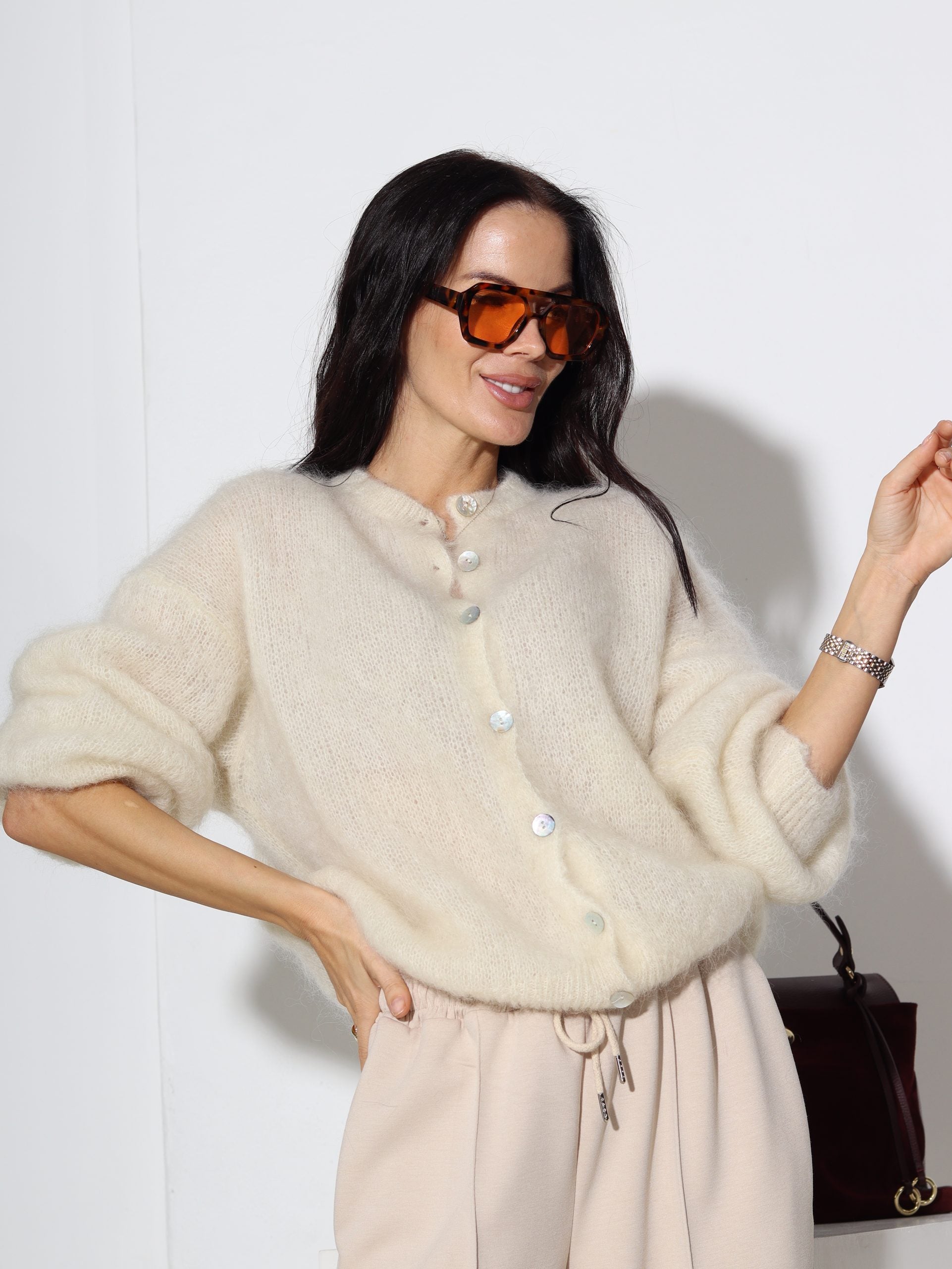 Balta, brīva piegriezuma, pogājama Mohēras jaka - 16466