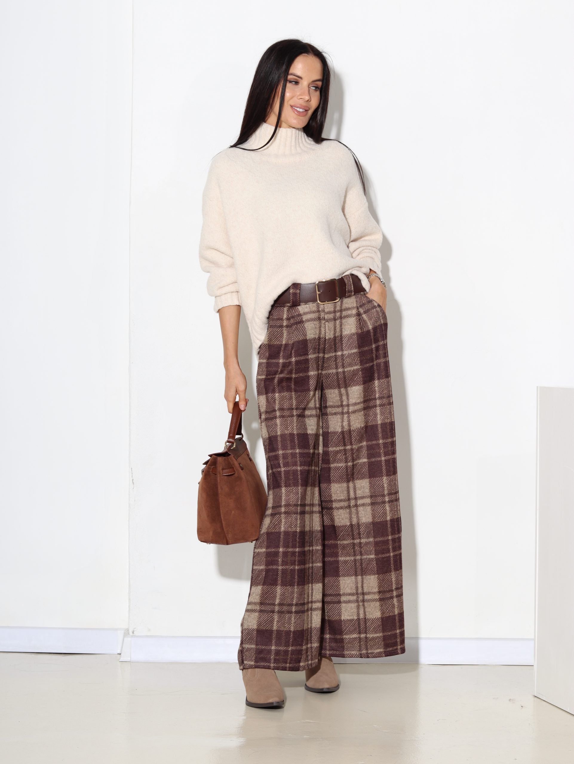 T.brūnas rūtainas bikses ar jostiņu - 17119