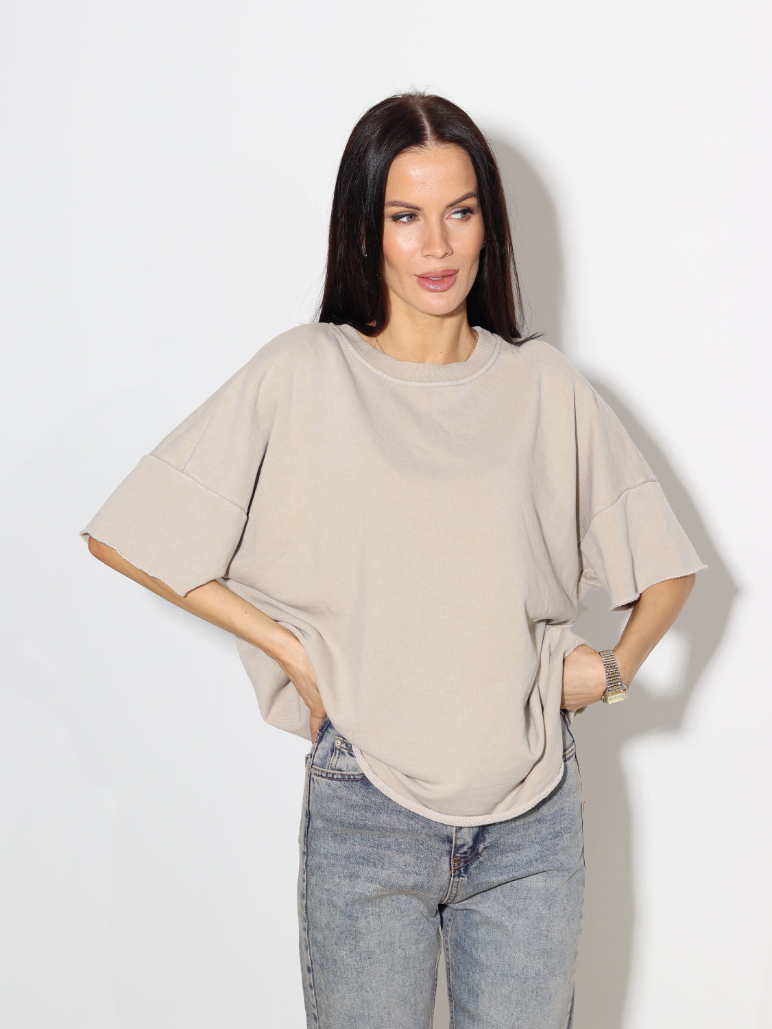 Bēšs cilpiņtrikotāšas t-krekls - 14059