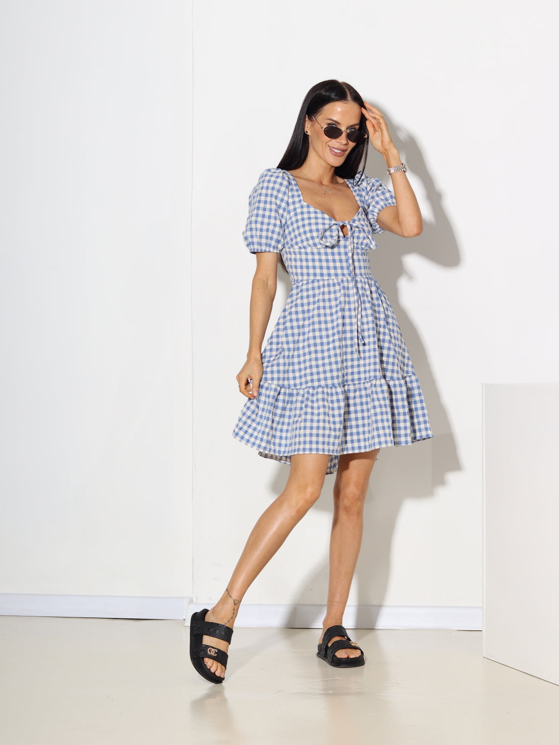 Zila, rūtaina kleita ar īsām pieduknēm - 15199