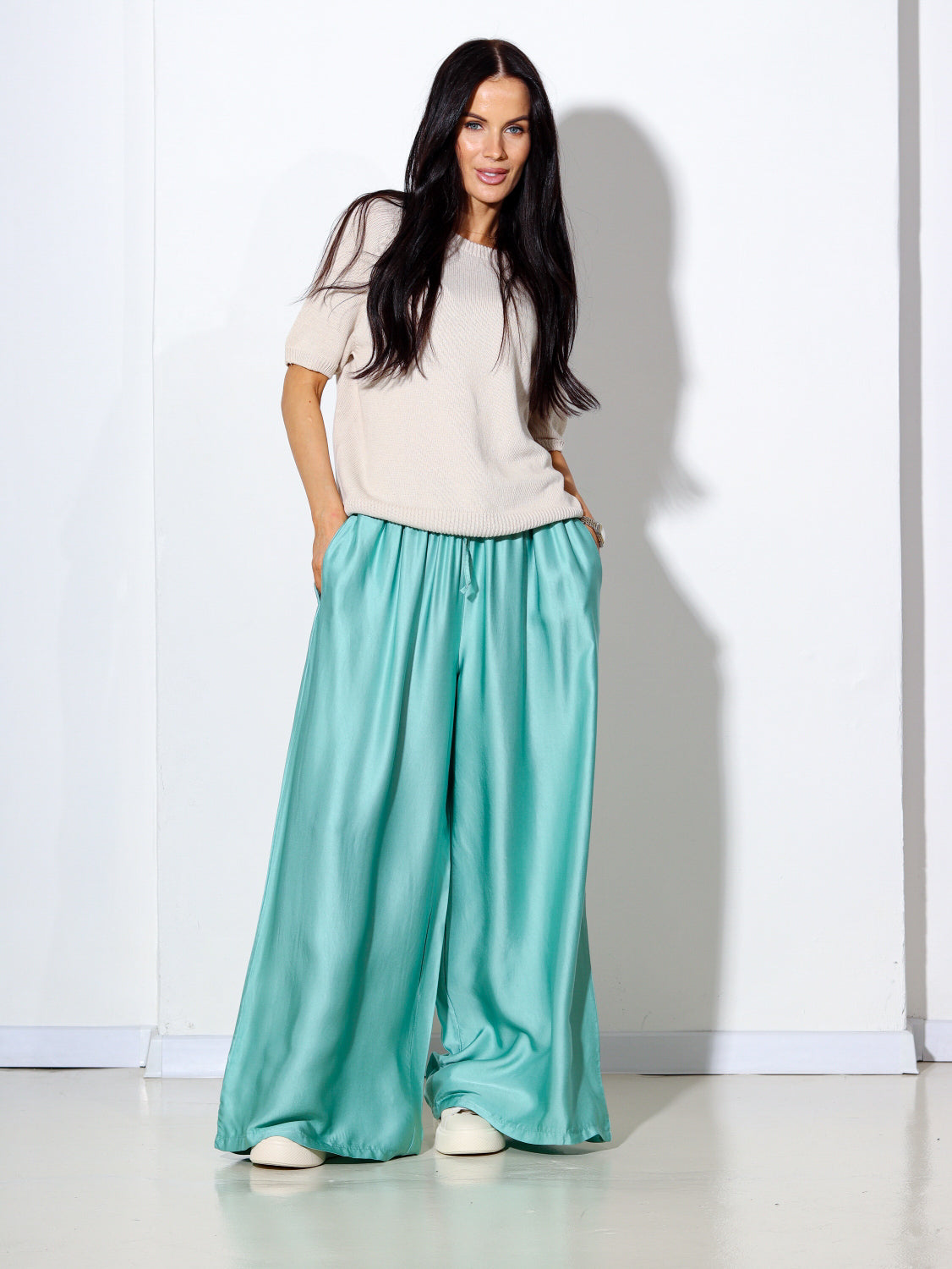 Zaļas zīda platstaru bikses - 14599