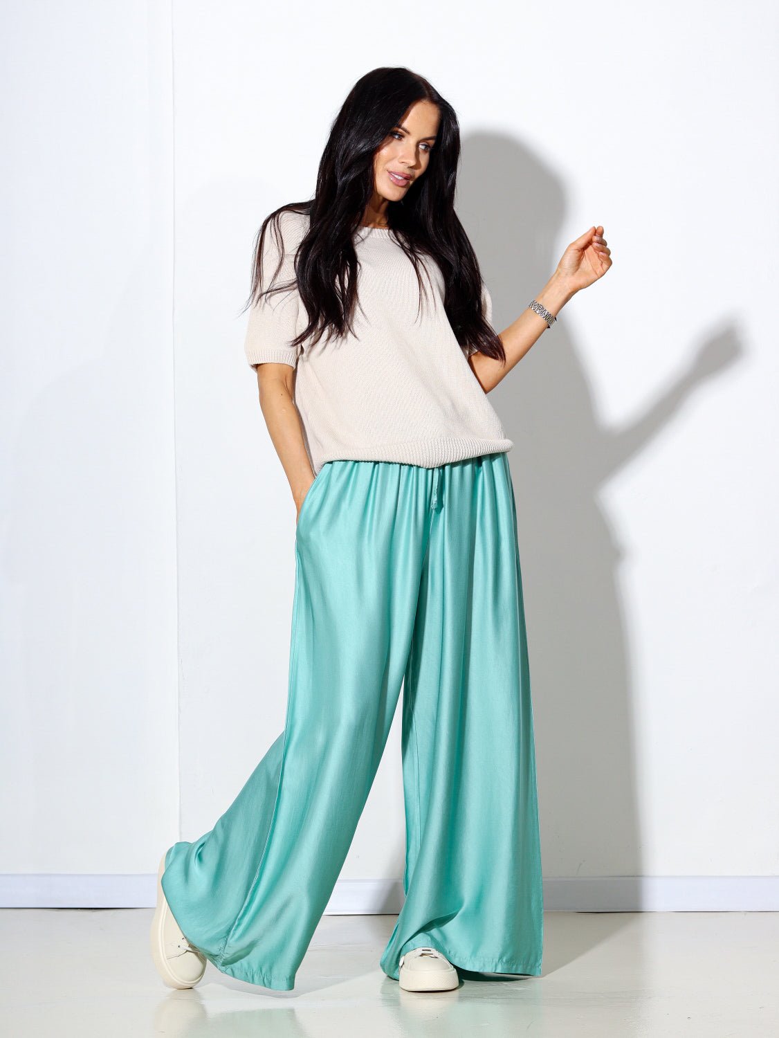 Zaļas zīda platstaru bikses - 14599