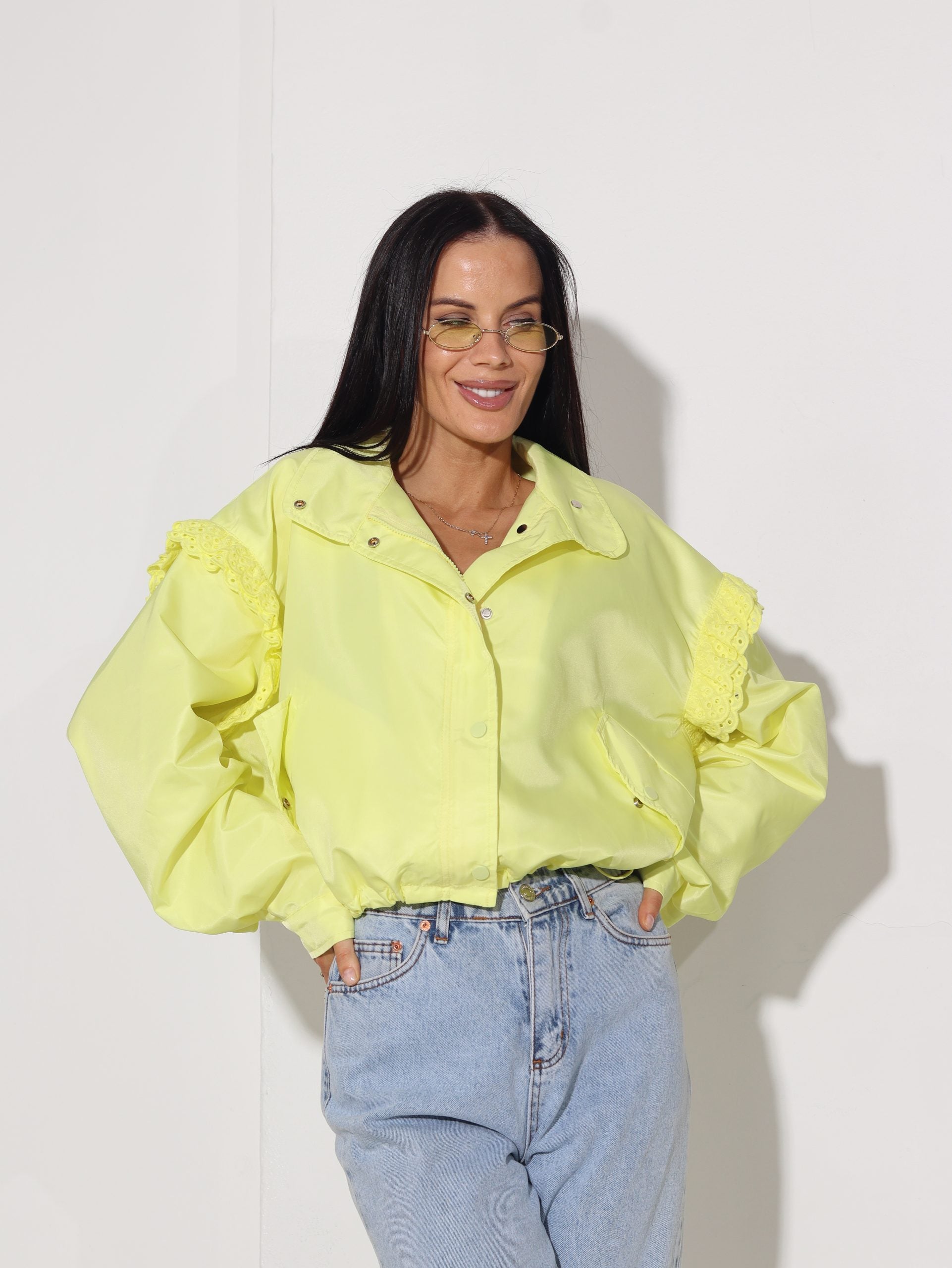 Neona dzeltena stilizēta virsjaka ar mežģīņu dekoru - 15837