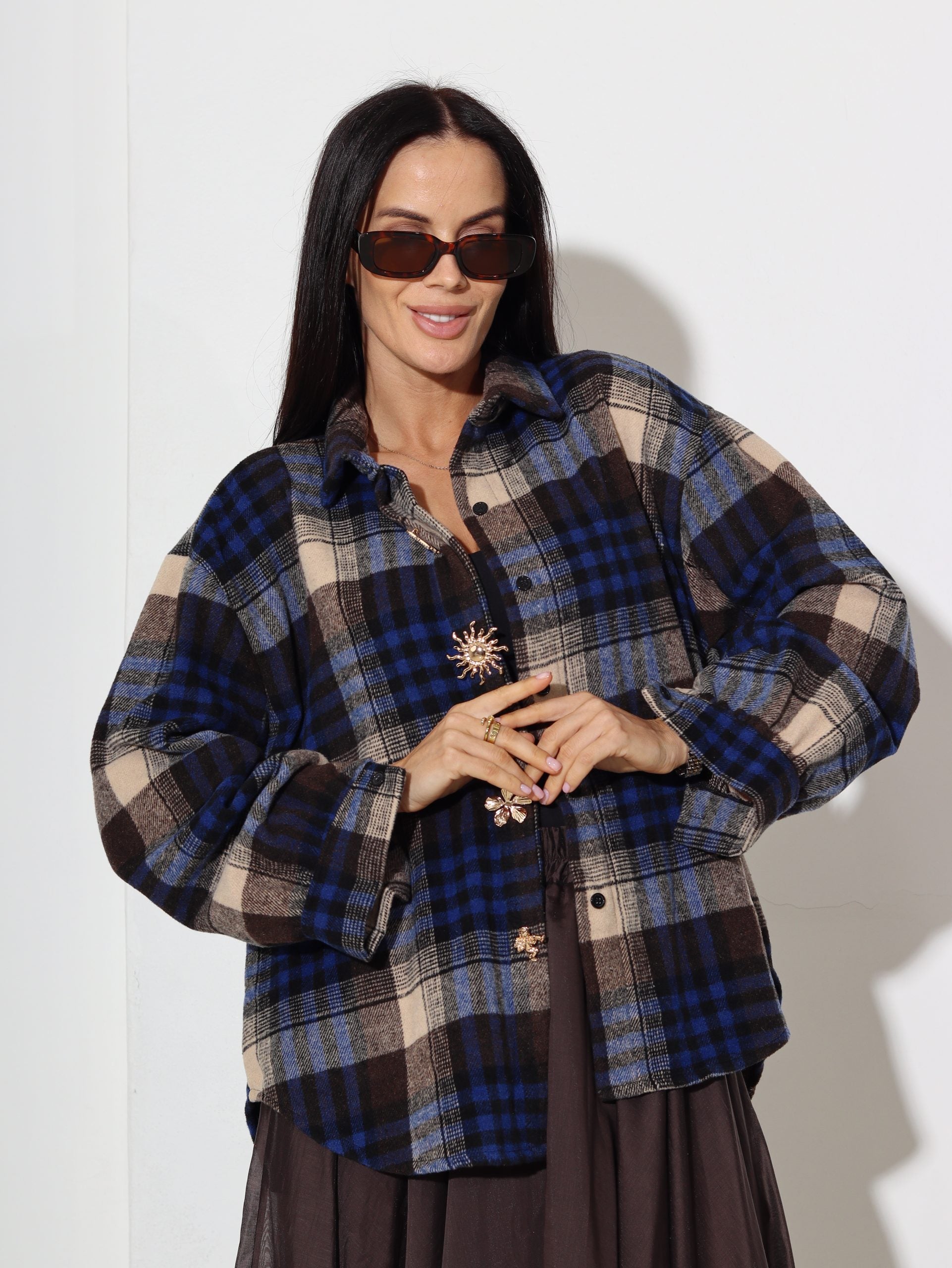 Zils bieza auduma rūtains krekls saule+puķe - 16889