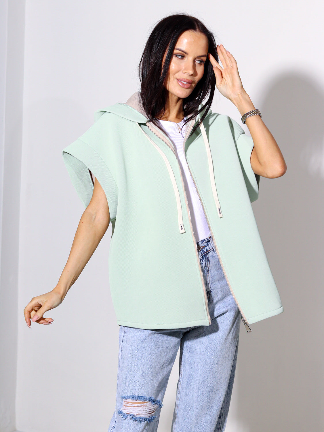 Zaļa neoprēna auduma veste ar kapuci - 14150