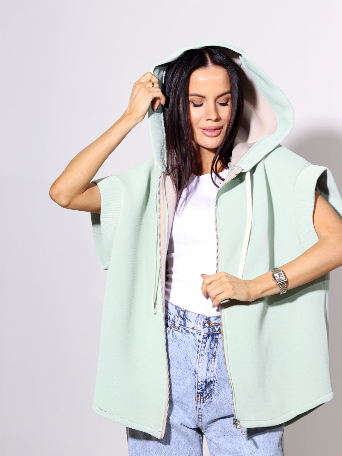 Zaļa neoprēna auduma veste ar kapuci - 14150