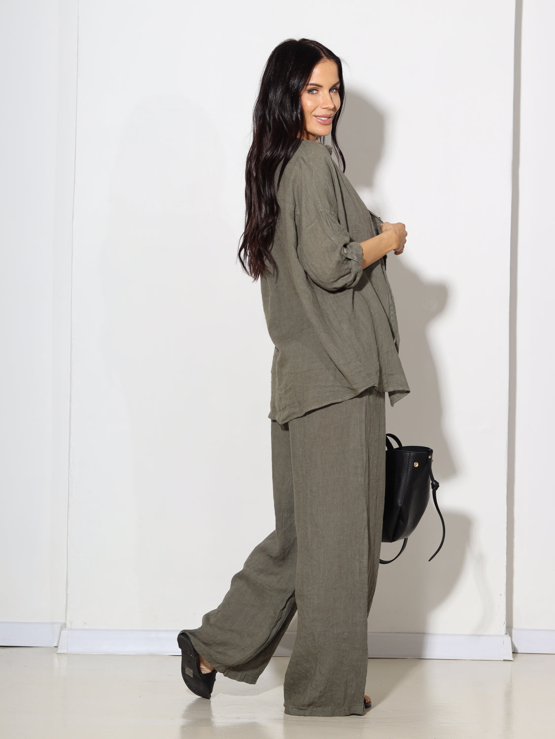 Zaļš/hakī lina 2daļīgs komplekts ar biksēm - 14667