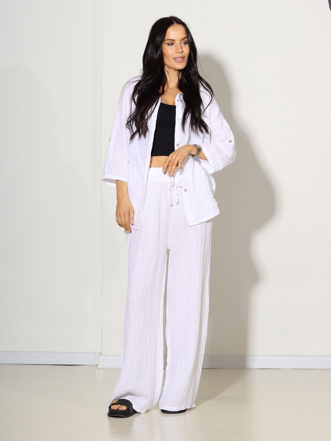 Balts lina 2daļīgs komplekts ar biksēm - 14663