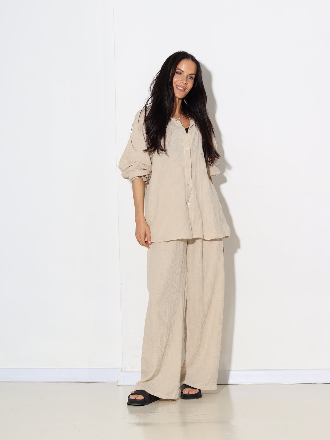 Bēšs brīva piegriezuma, muslīna auduma komplekts - 15456