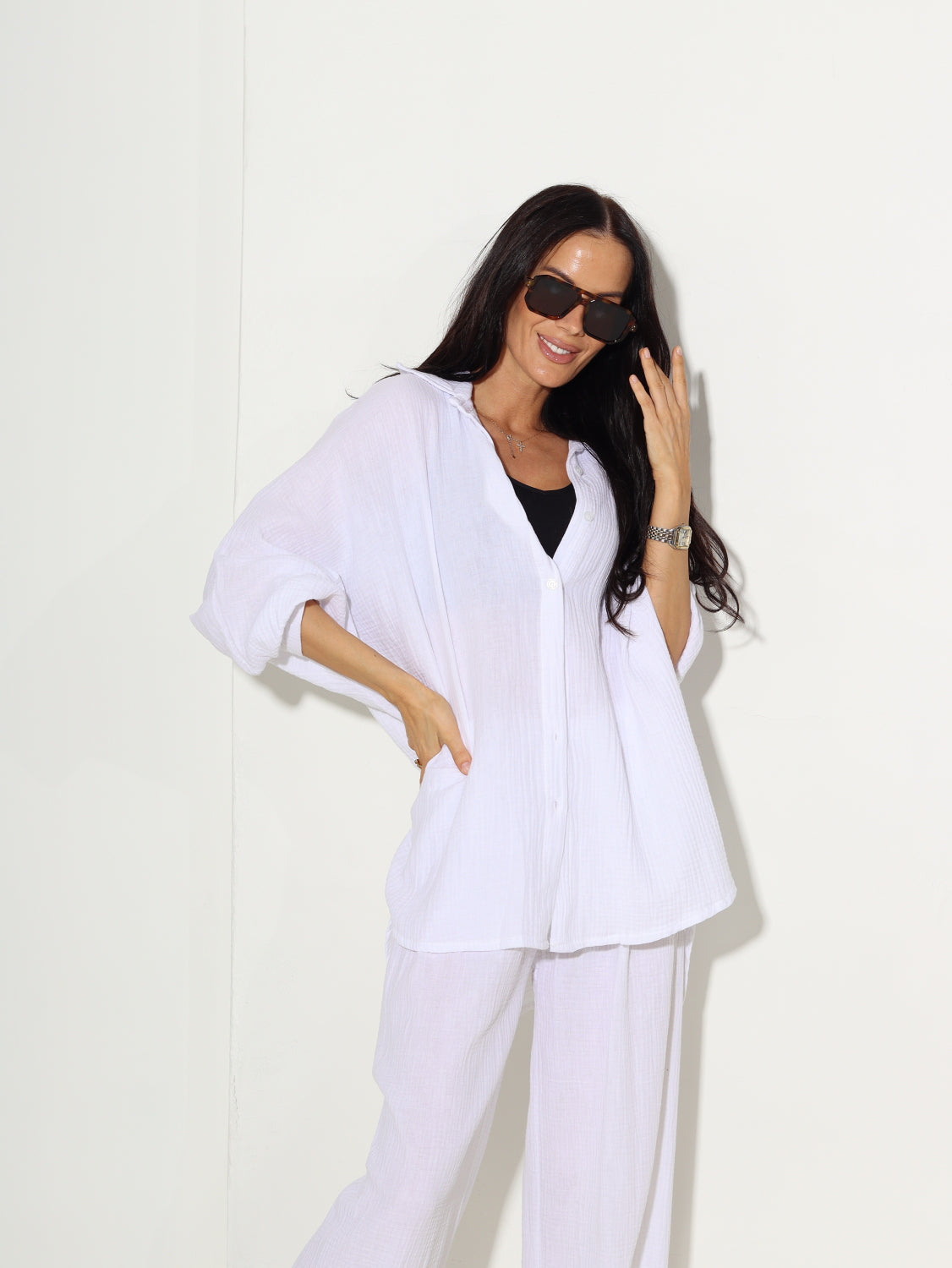 Balts,  brīva piegriezuma, muslīna auduma komplekts - 15460