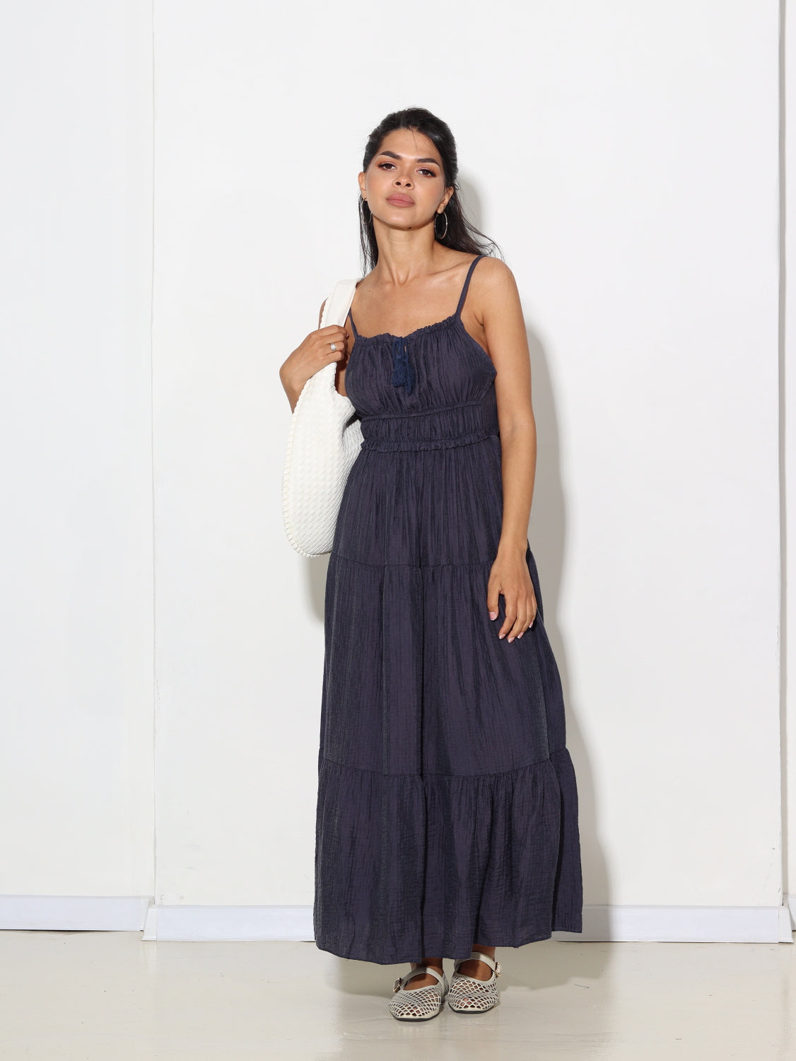 Tumši zila, gara, muslīna auduma raksta kleita - 15603