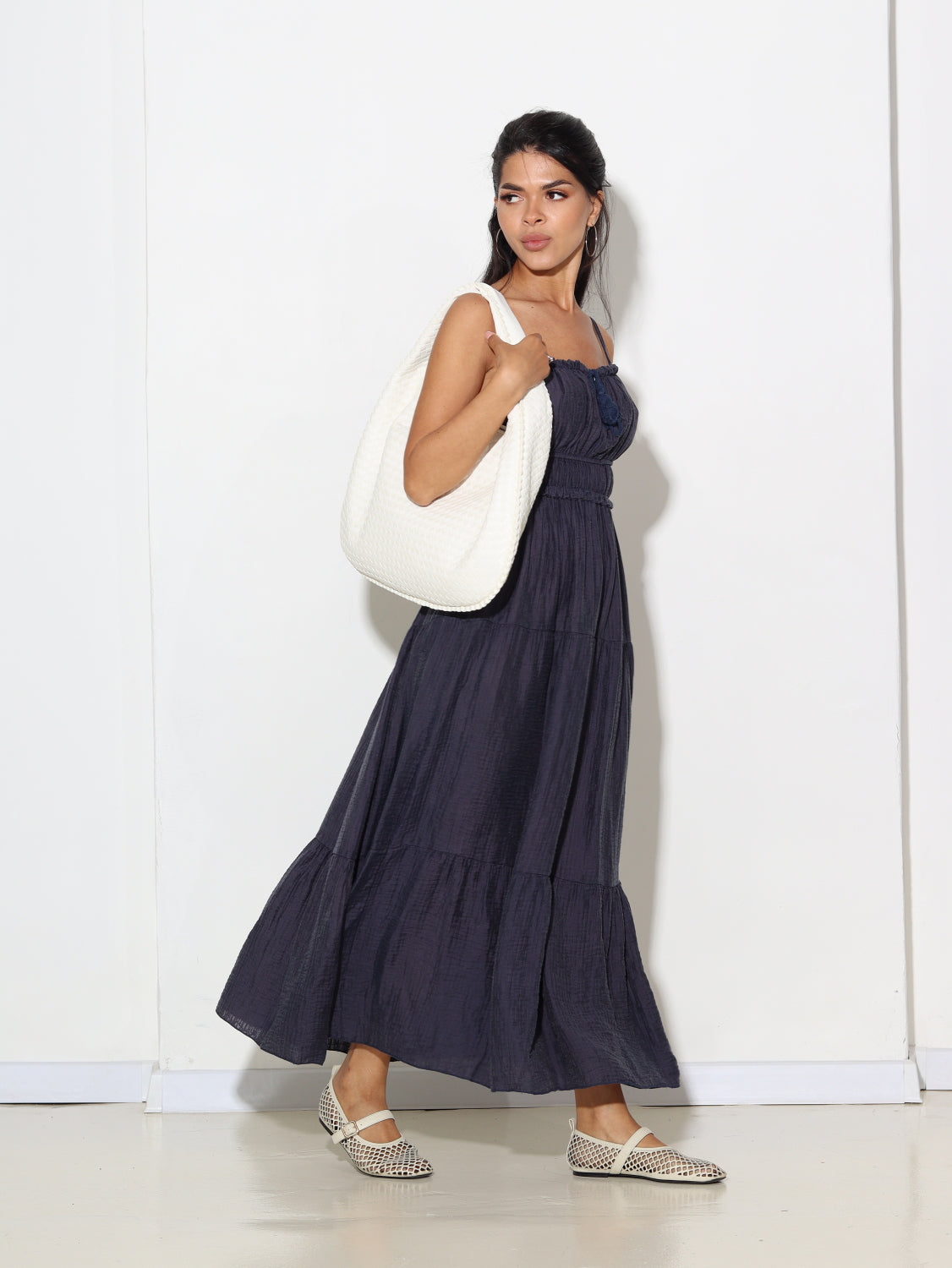 Tumši zila, gara, muslīna auduma raksta kleita - 15603