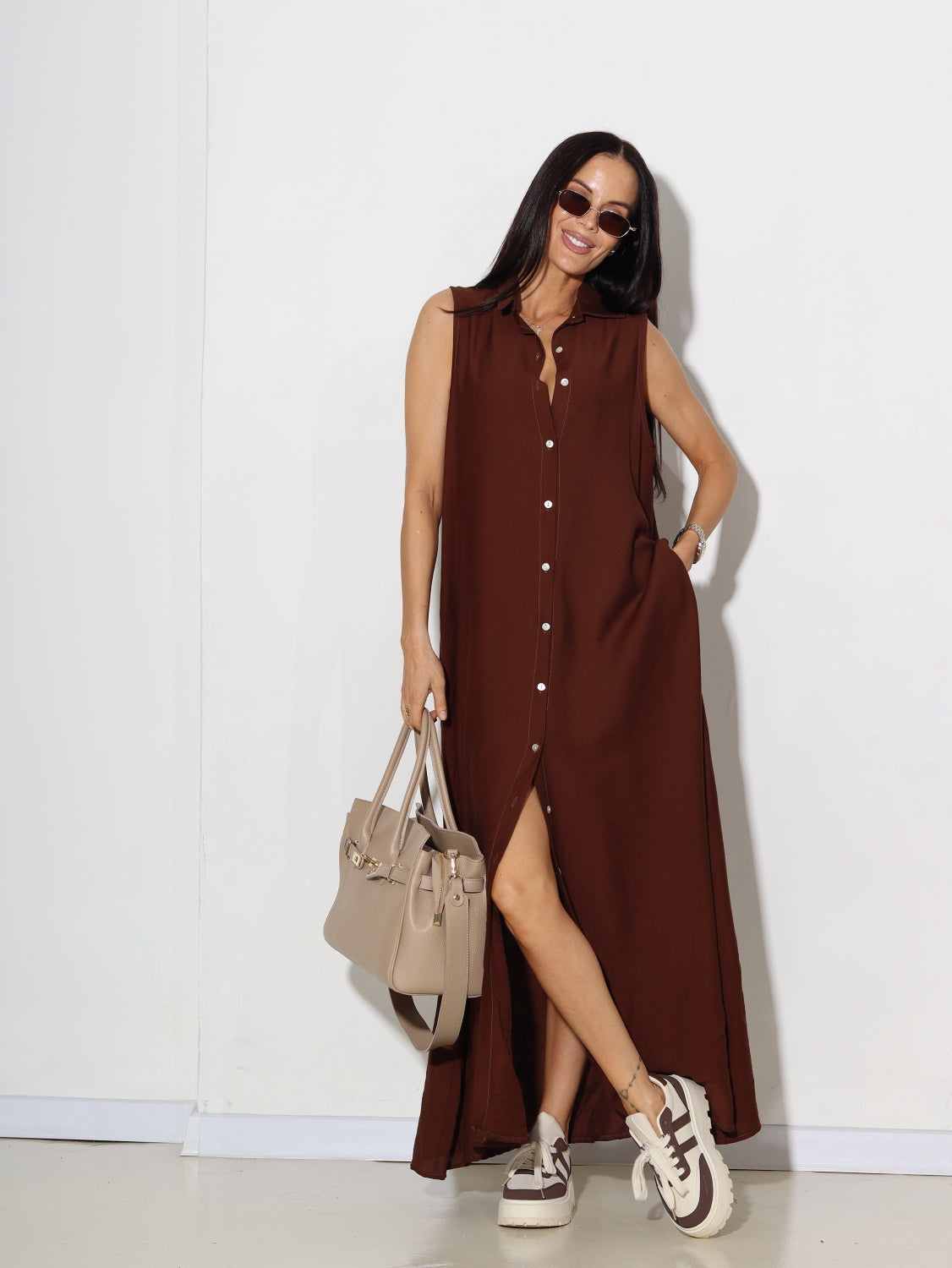 Tumši brūna, gara, pogājama kleita bez piedurknēm - 15607