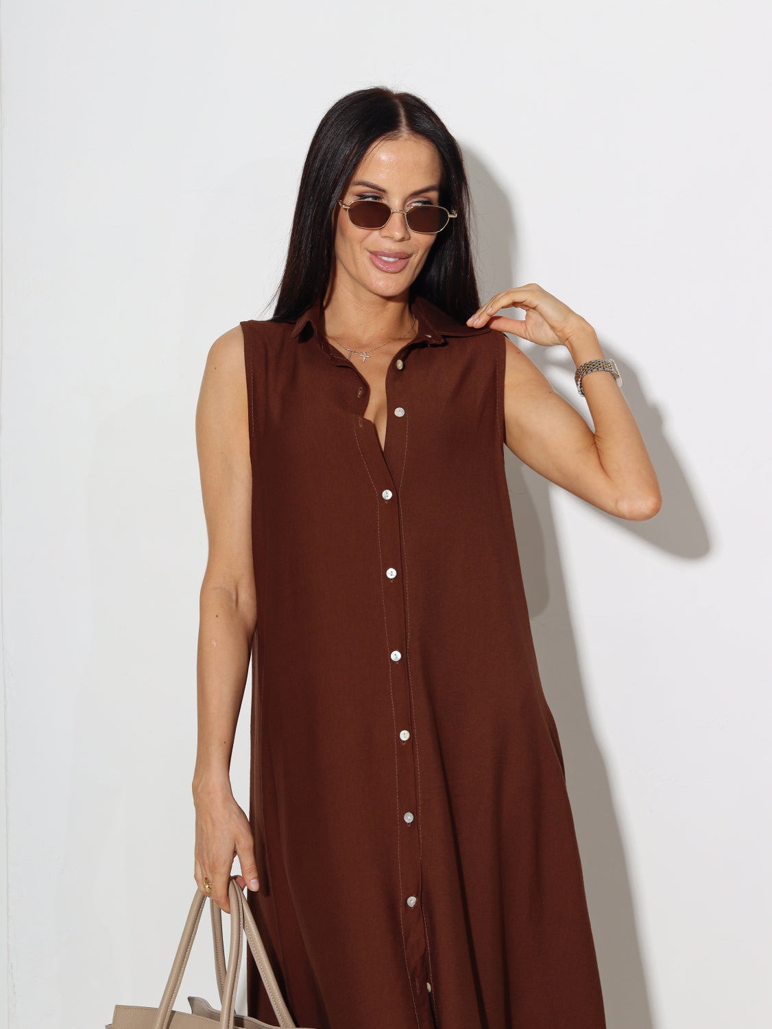 Tumši brūna, gara, pogājama kleita bez piedurknēm - 15607