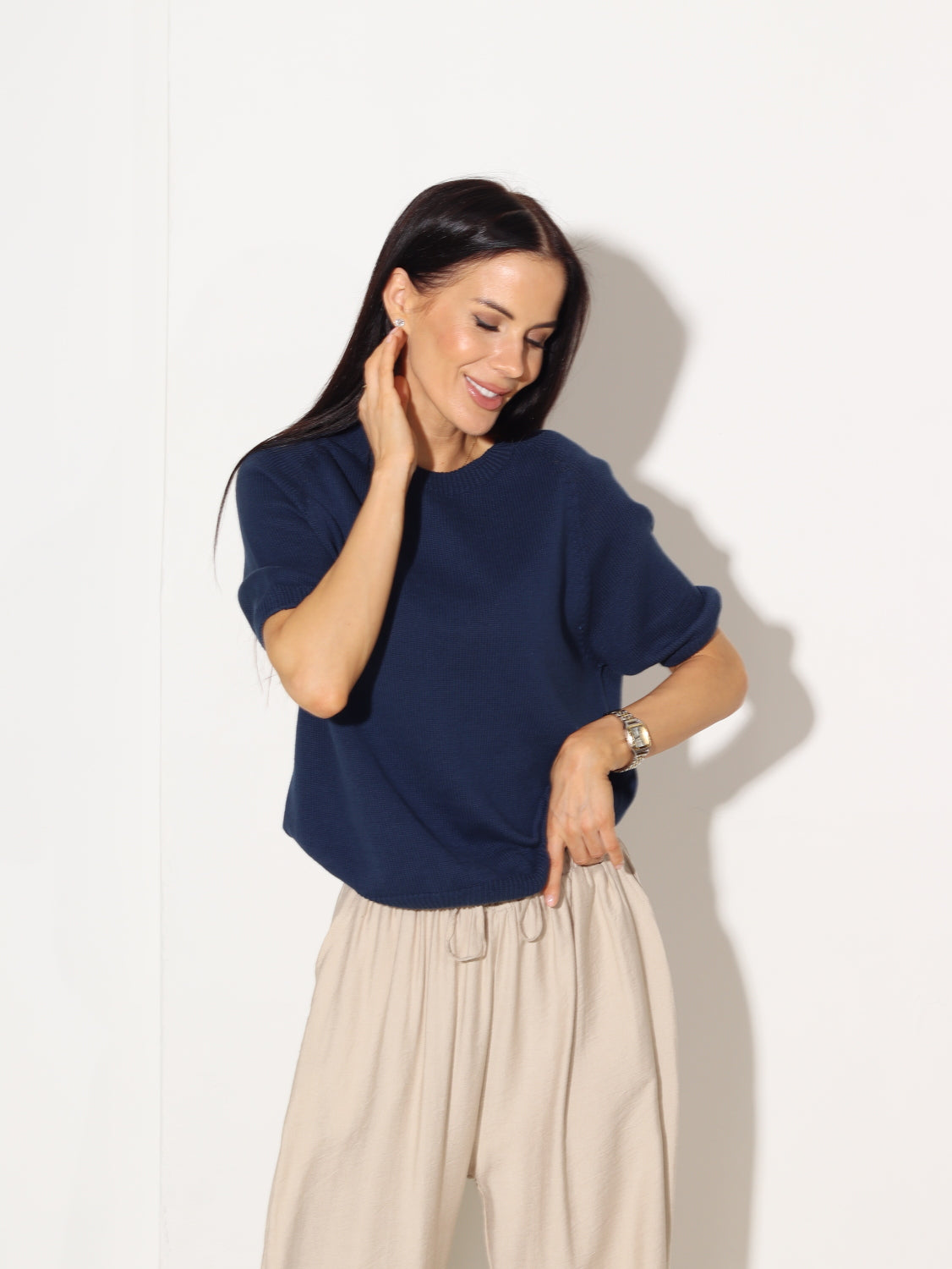 Tumši zils, kokvilnas adījuma džemperis ar īsu piedurkni - 14766