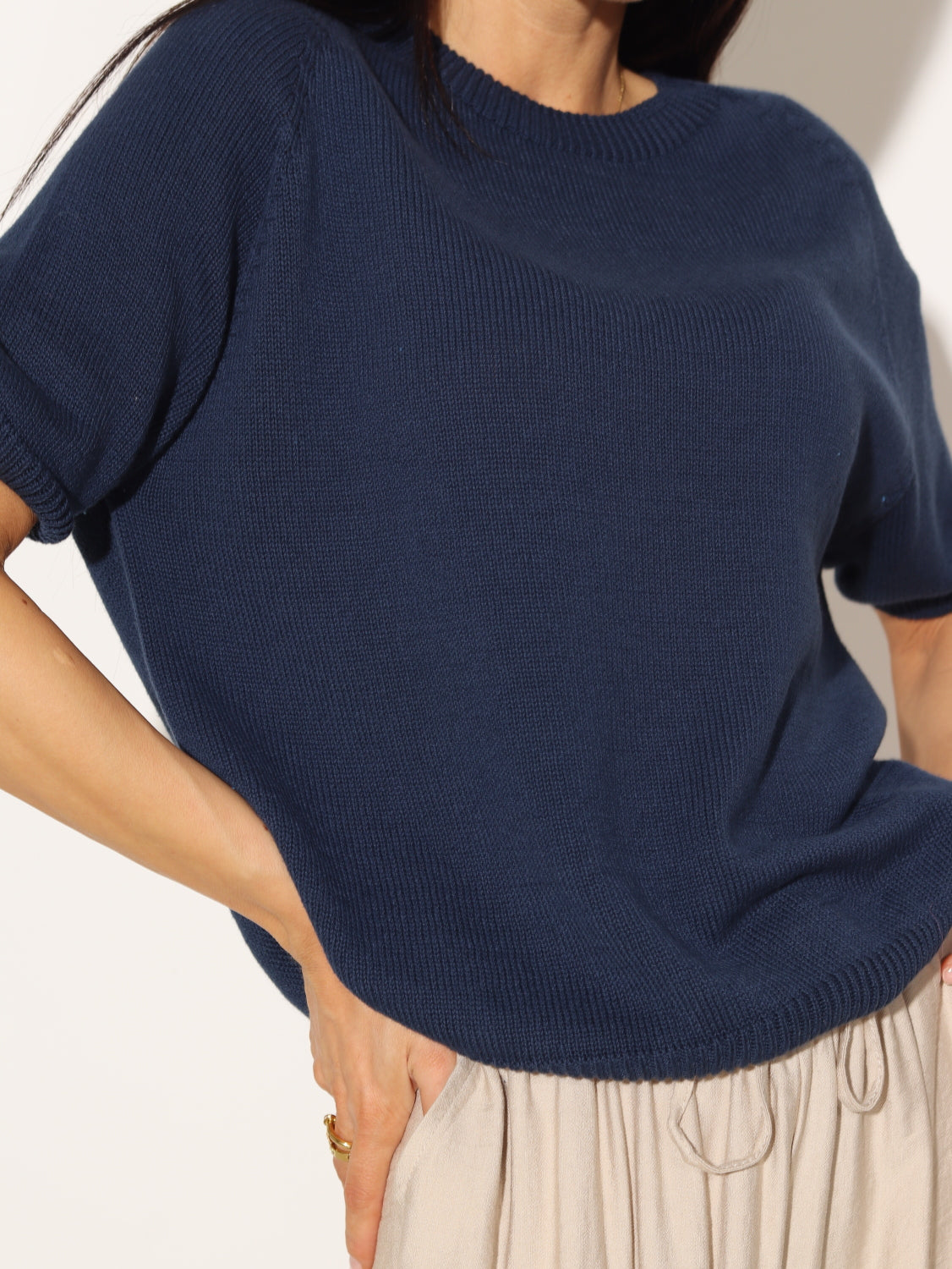 Tumši zils, kokvilnas adījuma džemperis ar īsu piedurkni - 14766