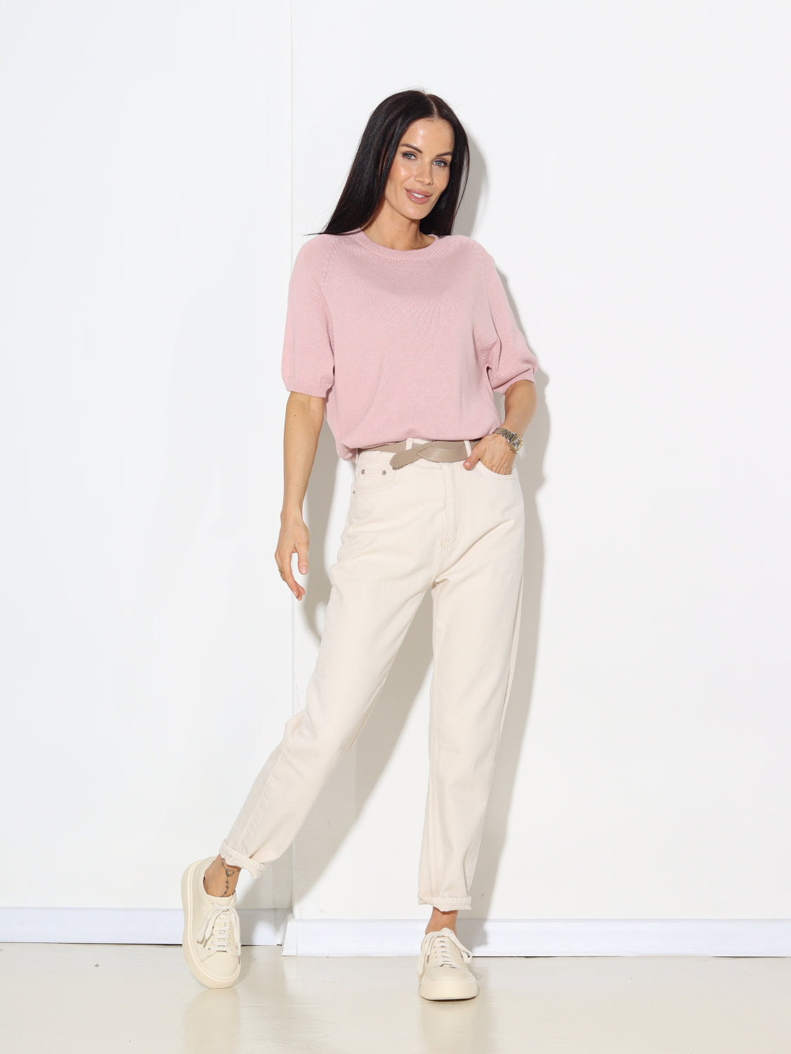 Veci rozā, kokvilnas adījuma džemperis ar īsu piedurkni - 14760