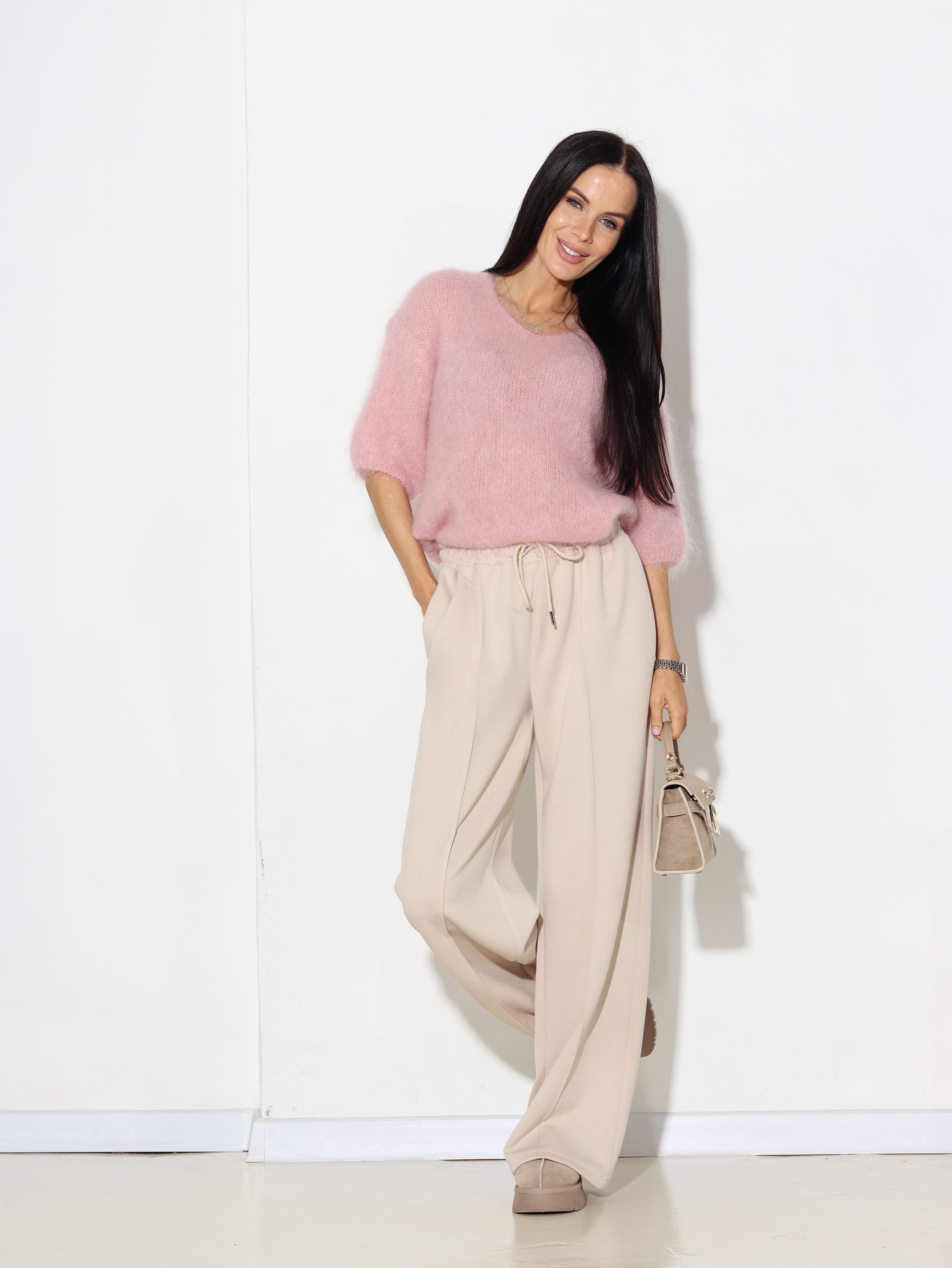 Baby rozā mohēras adījuma džemperis ar 'V' dekoltē - 16963