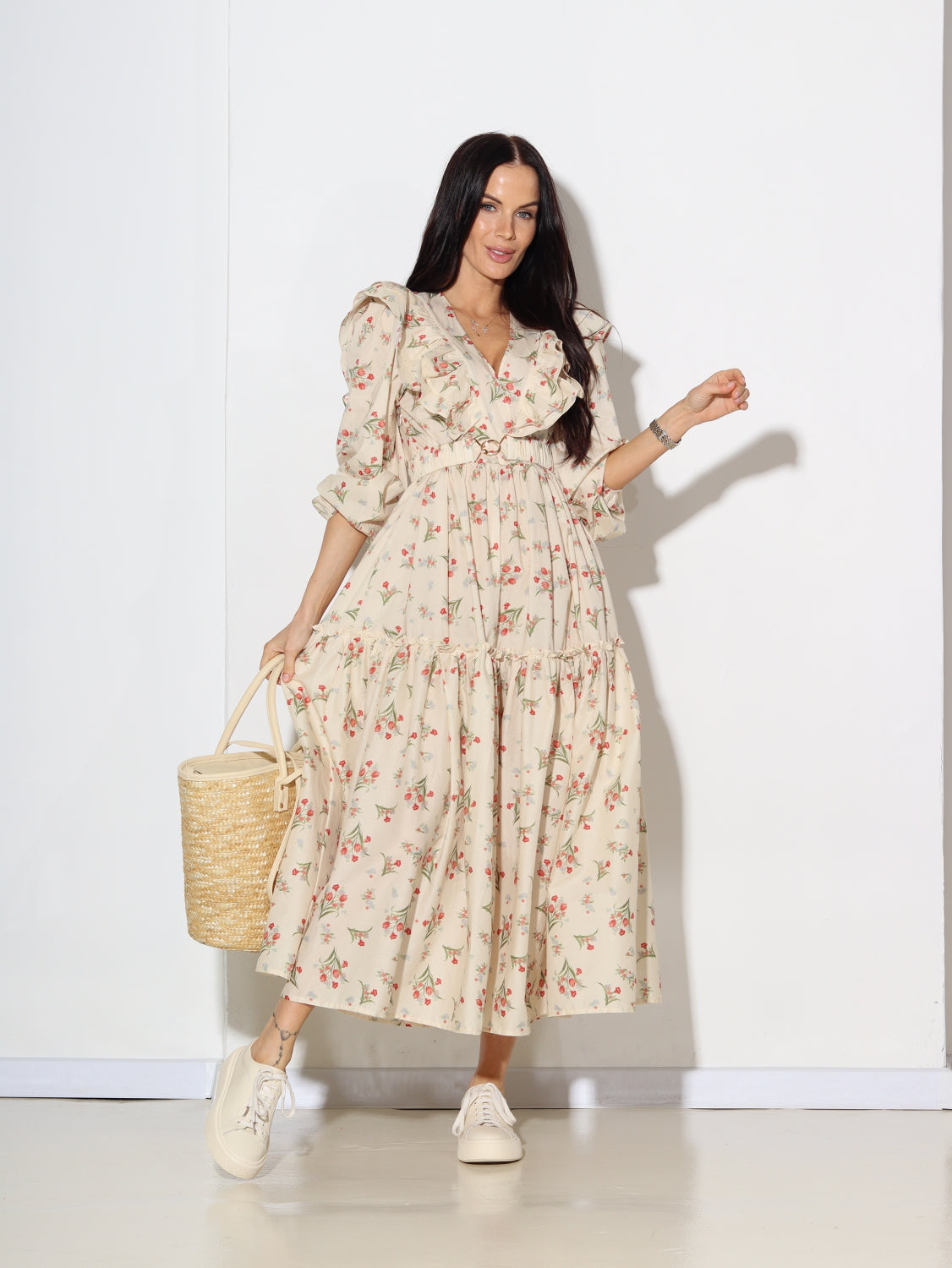 Bēša, midi kleita ar volānu un ziedu rakstu - 14782